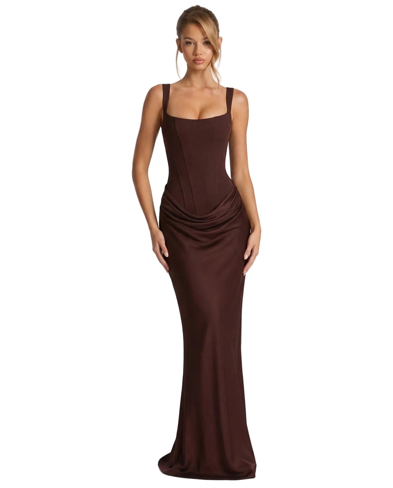 Women Maxi Dress Corset Draped Hip Sleeveless Design - Evergreen Outfits - Women Maxi Dress