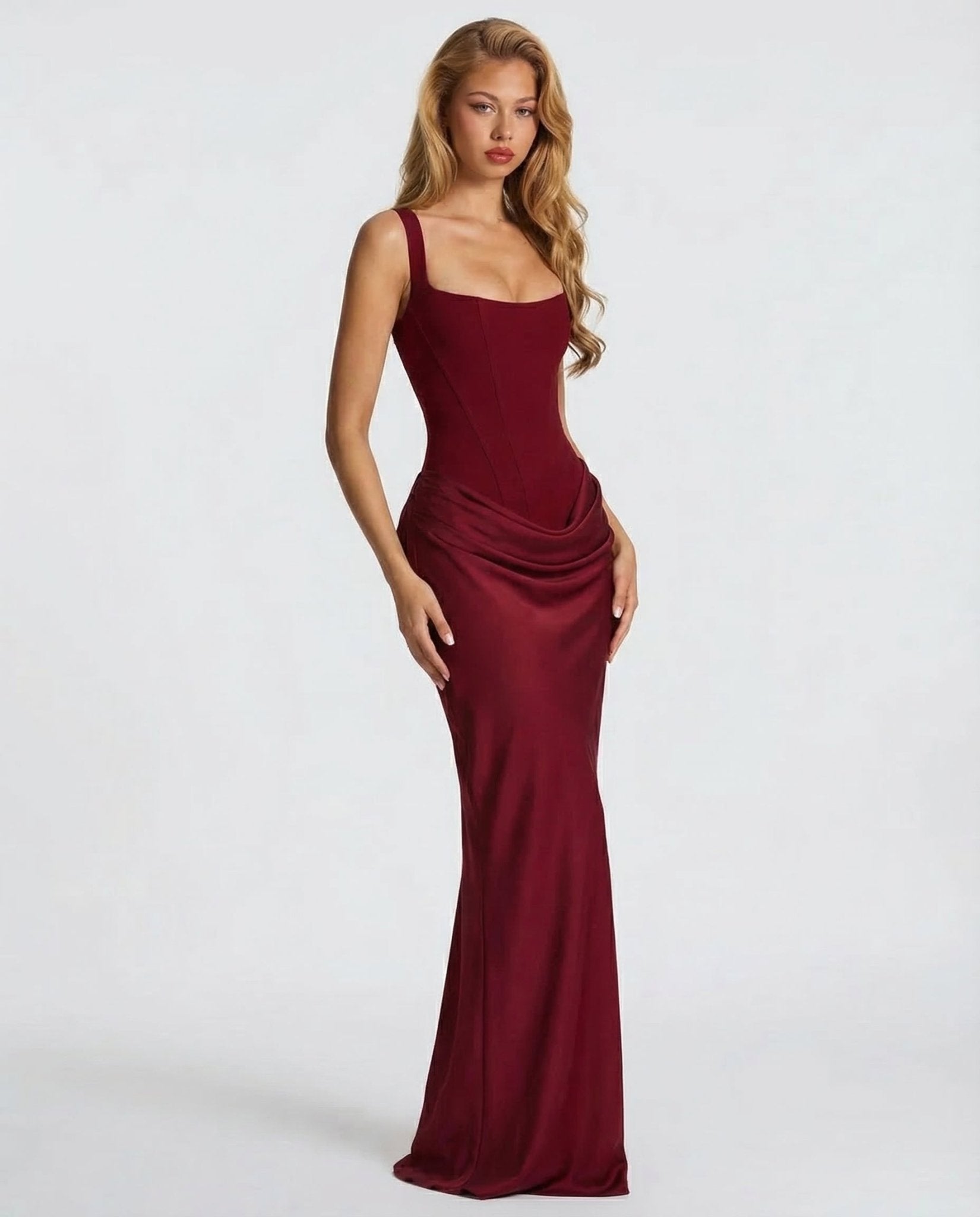Women Maxi Dress Corset Draped Hip Sleeveless Design - Evergreen Outfits - Women Maxi Dress