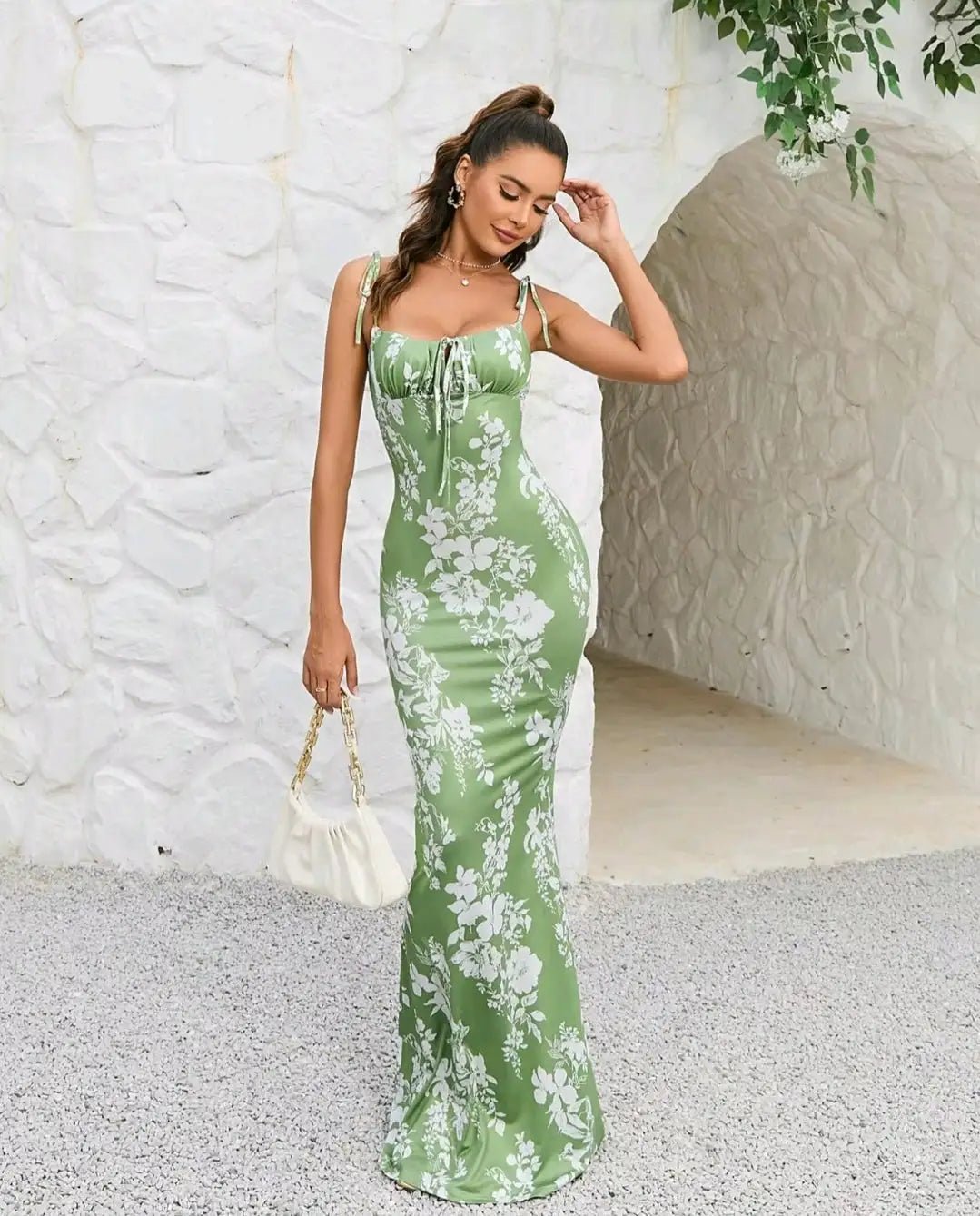 Women Maxi Dress Floral Print Bow Strap Cutout Design - Evergreen Outfits - Women Maxi Dress