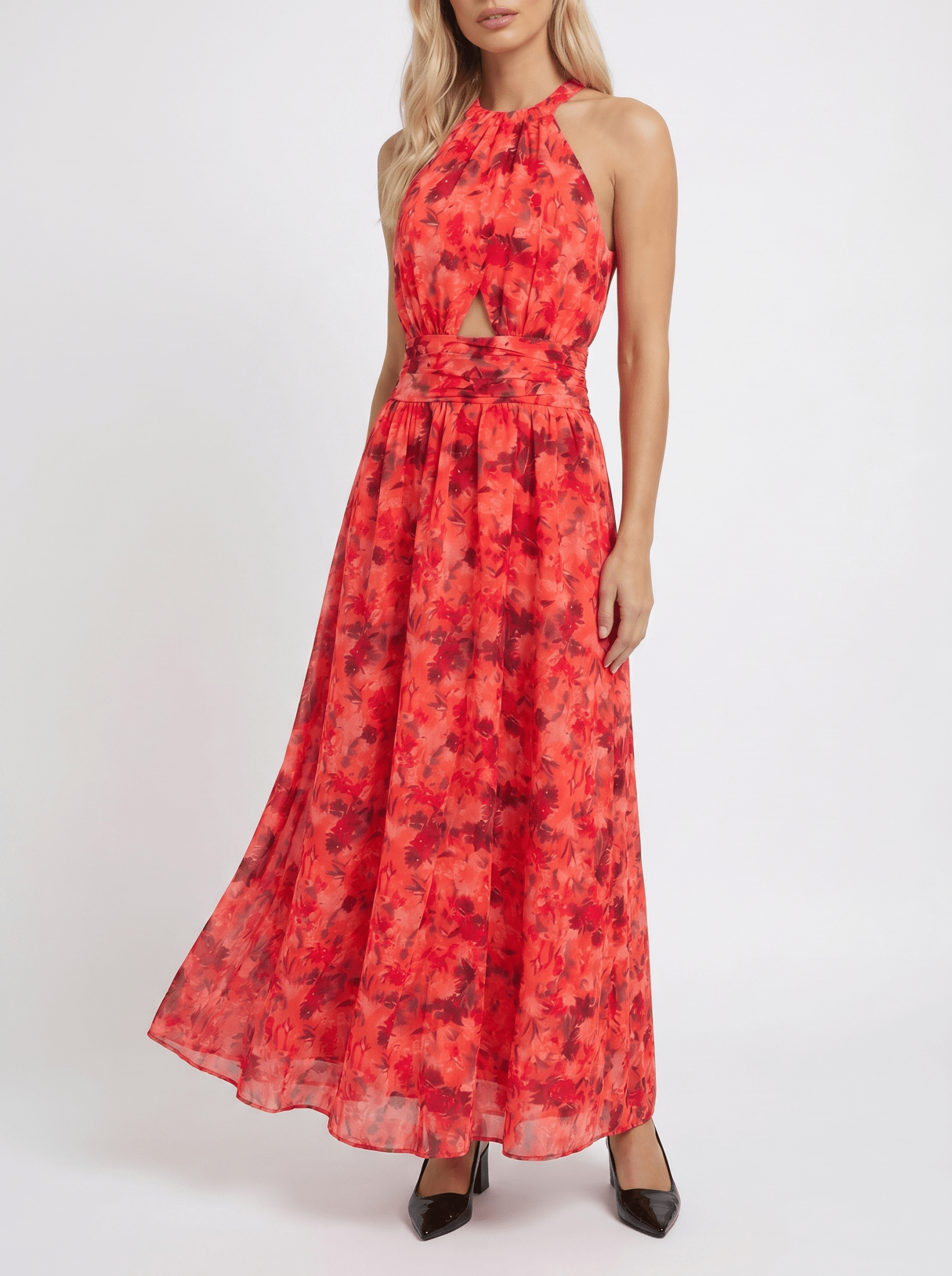 Women Maxi Dress Floral Print Halter Sleeveless Cutout - Evergreen Outfits - Women Maxi Dress