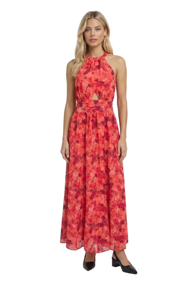 Women Maxi Dress Floral Print Halter Sleeveless Cutout - Evergreen Outfits - Women Maxi Dress