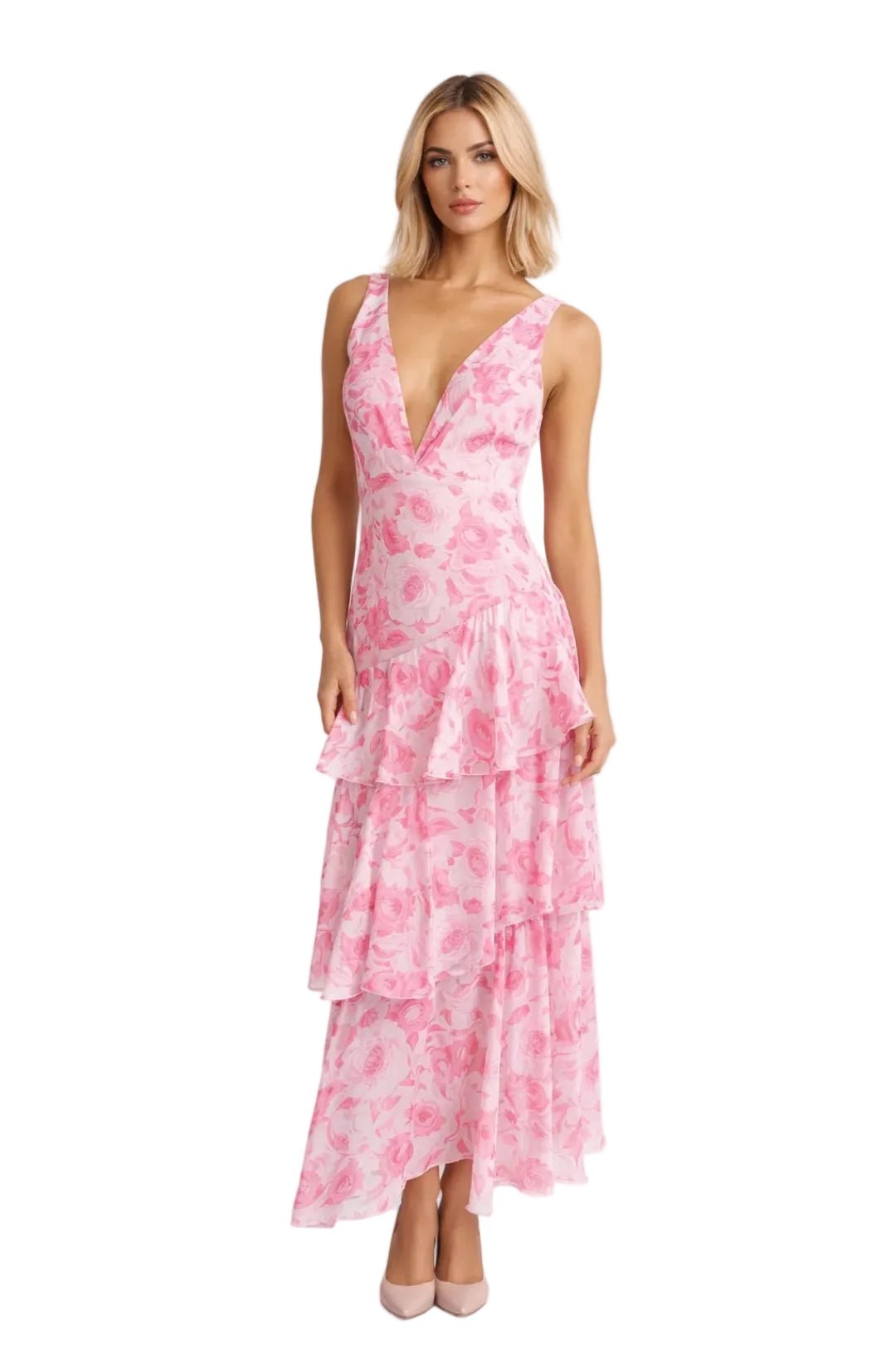 Women Maxi Dress Floral Print Tiered Ruffle Deep V - Neck - Evergreen Outfits - Women Maxi Dress