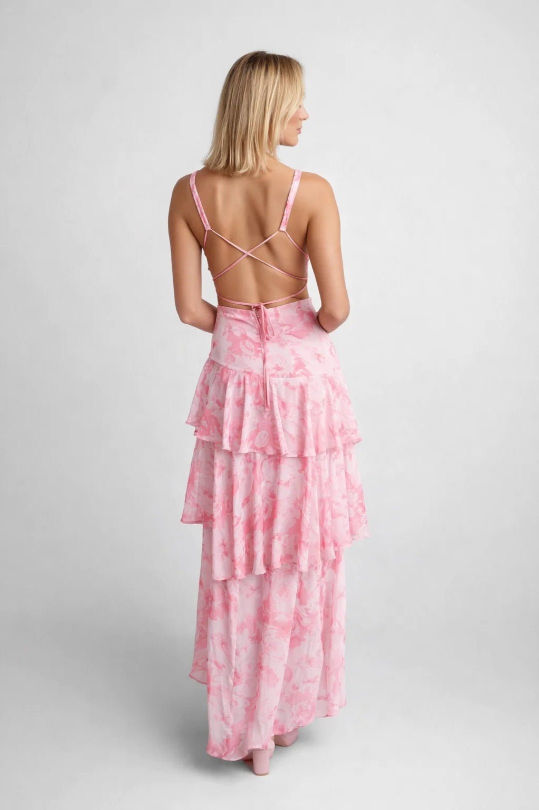 Women Maxi Dress Floral Print Tiered Ruffle Deep V - Neck - Evergreen Outfits - Women Maxi Dress