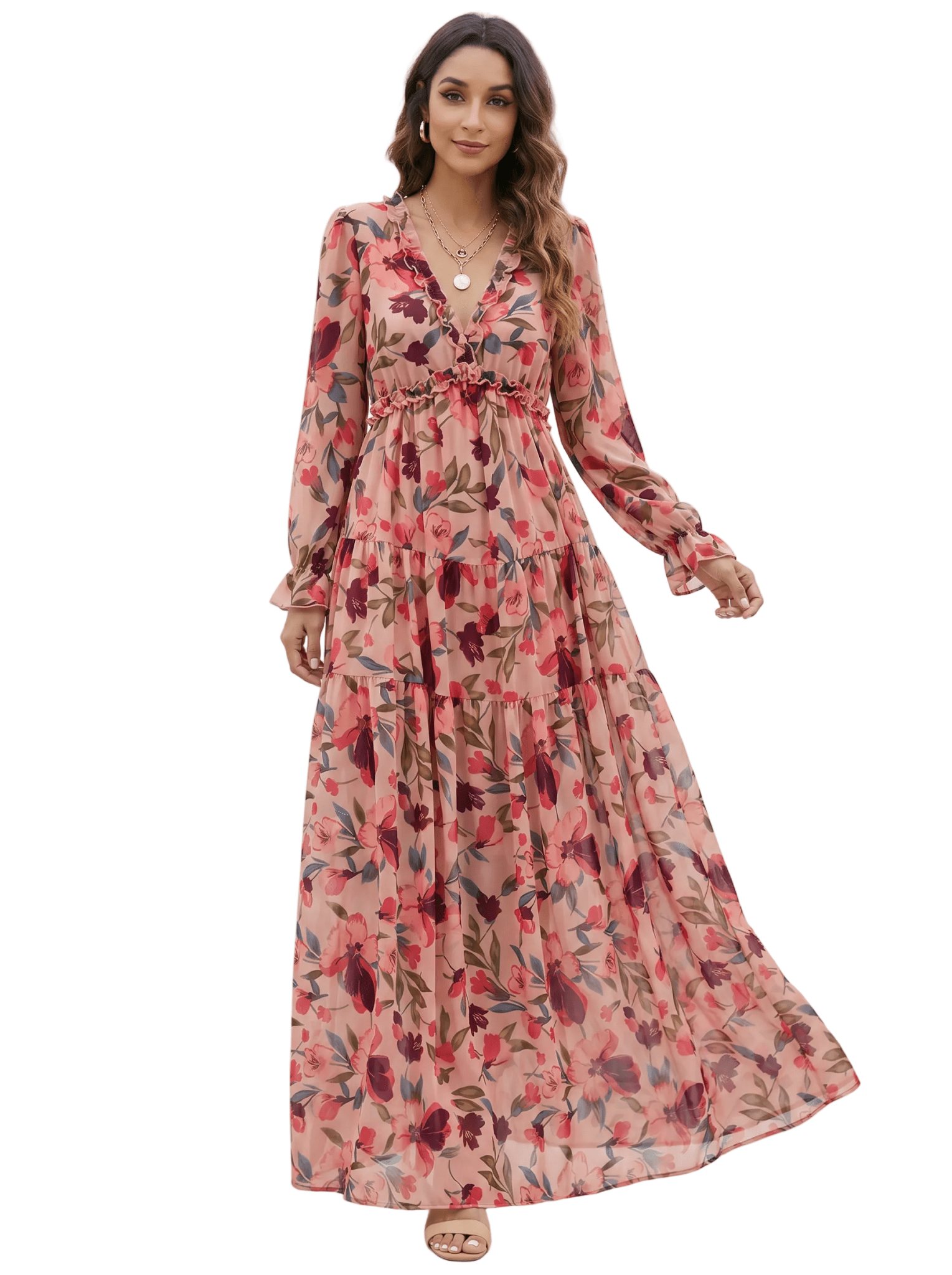 Women Maxi Dress Floral Print V - Neck Long Sleeve Design - Evergreen Outfits - Women Maxi Dress