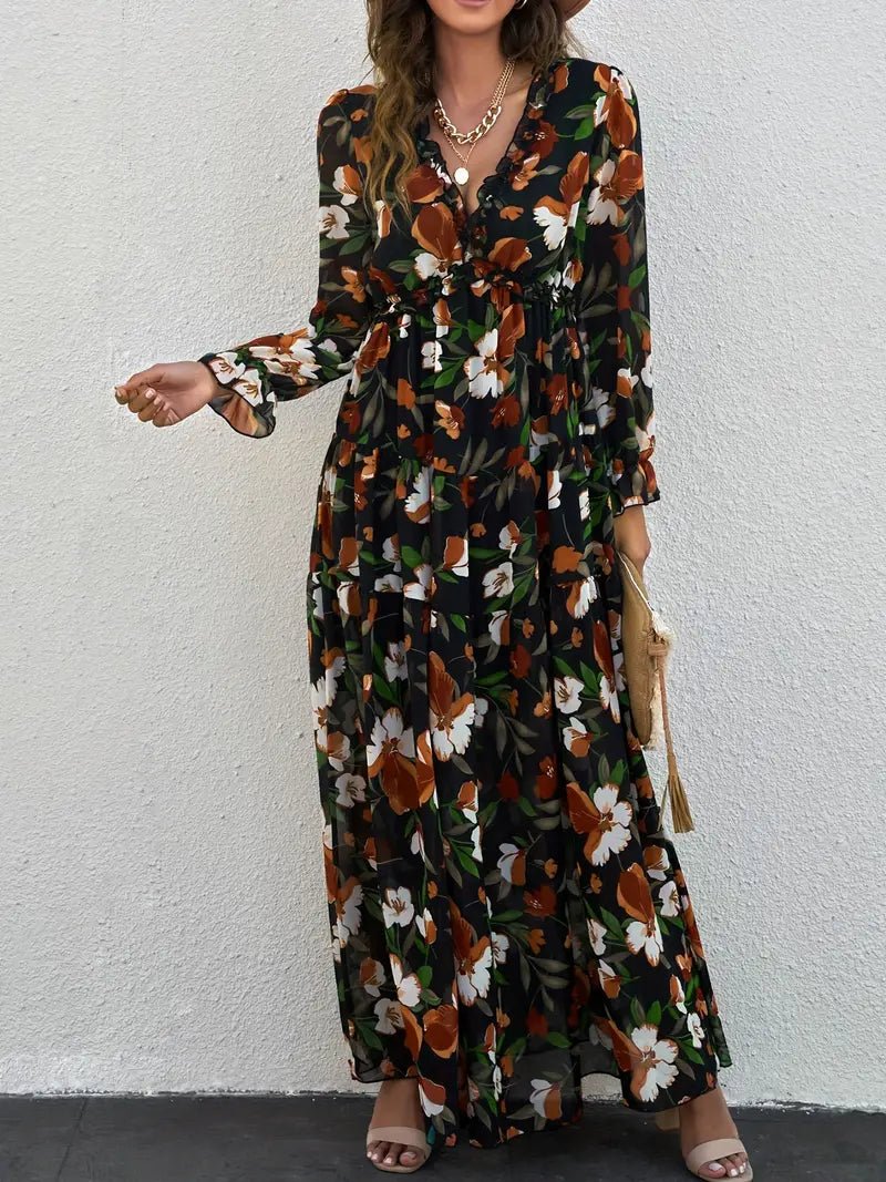 Women Maxi Dress Floral Print V - Neck Long Sleeve Design - Evergreen Outfits - Women Maxi Dress