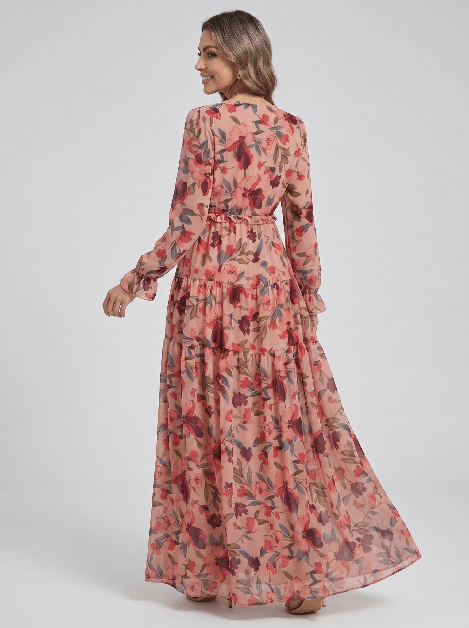 Women Maxi Dress Floral Print V - Neck Long Sleeve Design - Evergreen Outfits - Women Maxi Dress