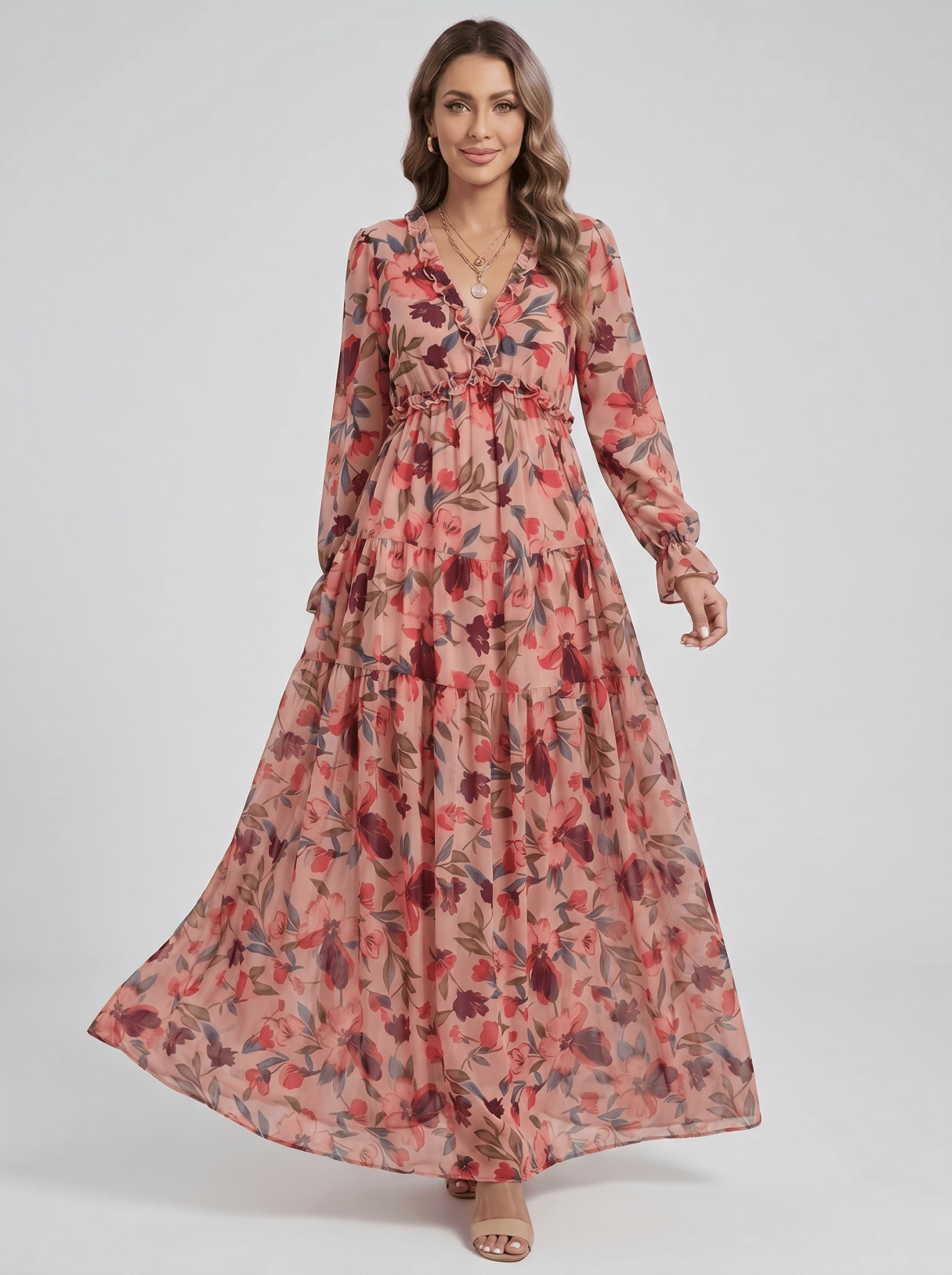 Women Maxi Dress Floral Print V - Neck Long Sleeve Design - Evergreen Outfits - Women Maxi Dress