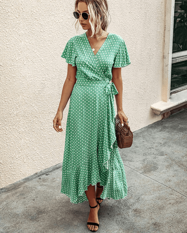 Women Maxi Dress Floral Print Wrap V - Neck Ruffle Sleeve - Evergreen Outfits - Women Maxi Dress