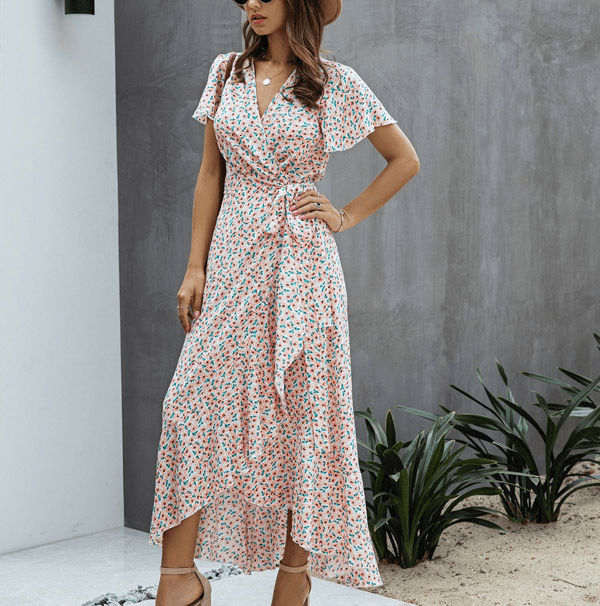 Women Maxi Dress Floral Print Wrap V - Neck Ruffle Sleeve - Evergreen Outfits - Women Maxi Dress