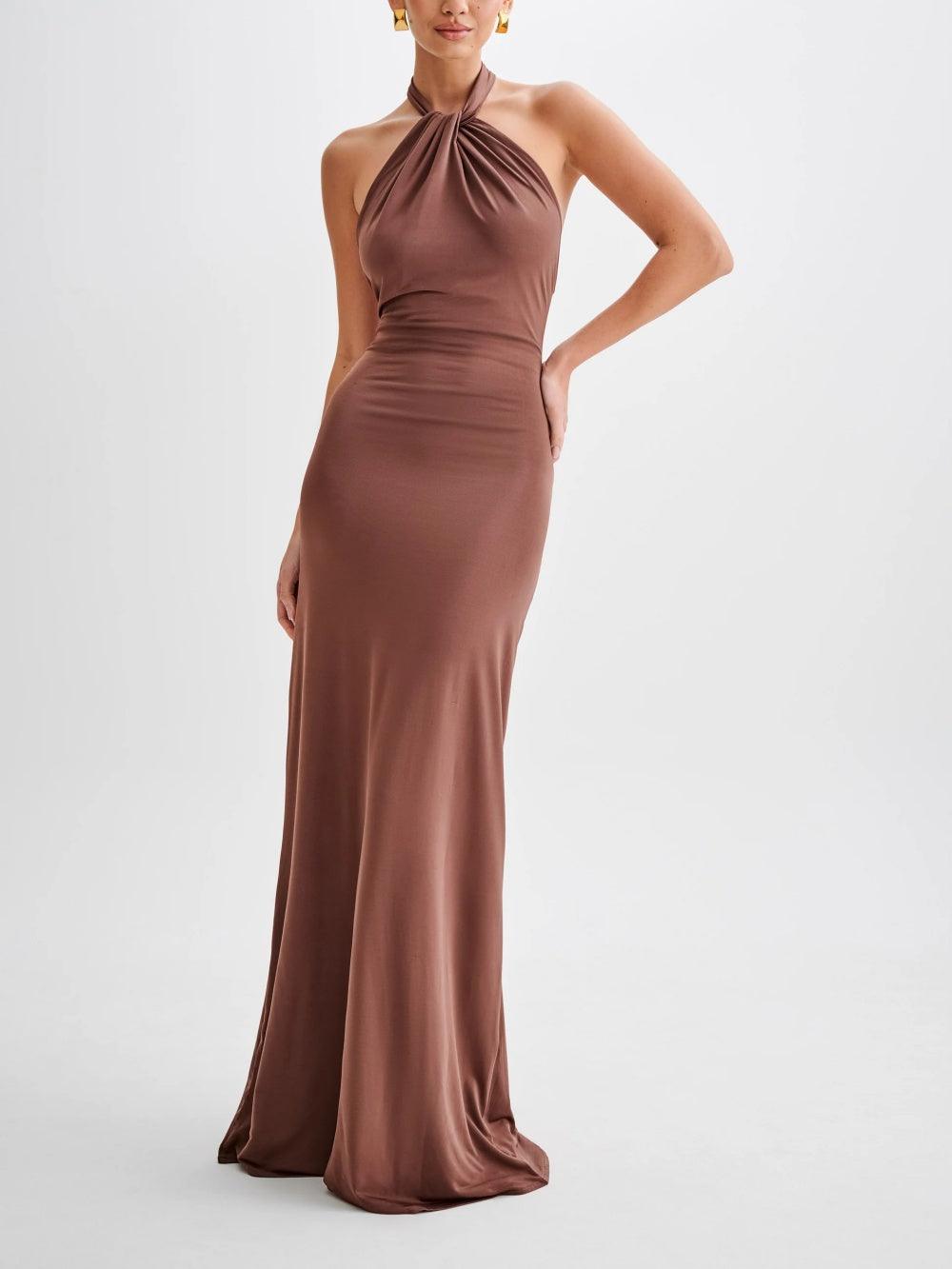 Women Maxi Dress Halter Neck Bodycon Floor Length Fit - Evergreen Outfits - Women Maxi Dress