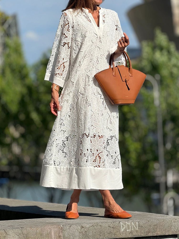 Women Maxi Dress Lace Floral Embroidery High Collar - Evergreen Outfits - Women Maxi Dress
