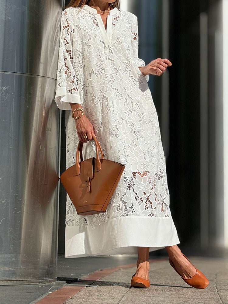 Women Maxi Dress Lace Floral Embroidery High Collar - Evergreen Outfits - Women Maxi Dress