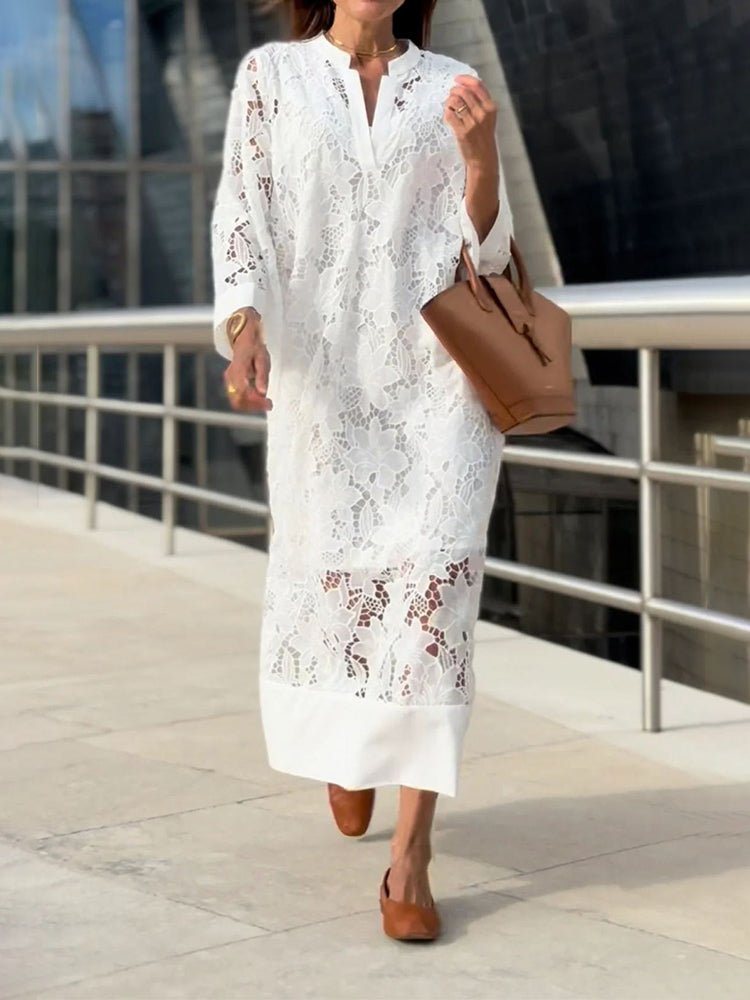 Women Maxi Dress Lace Floral Embroidery High Collar - Evergreen Outfits - Women Maxi Dress