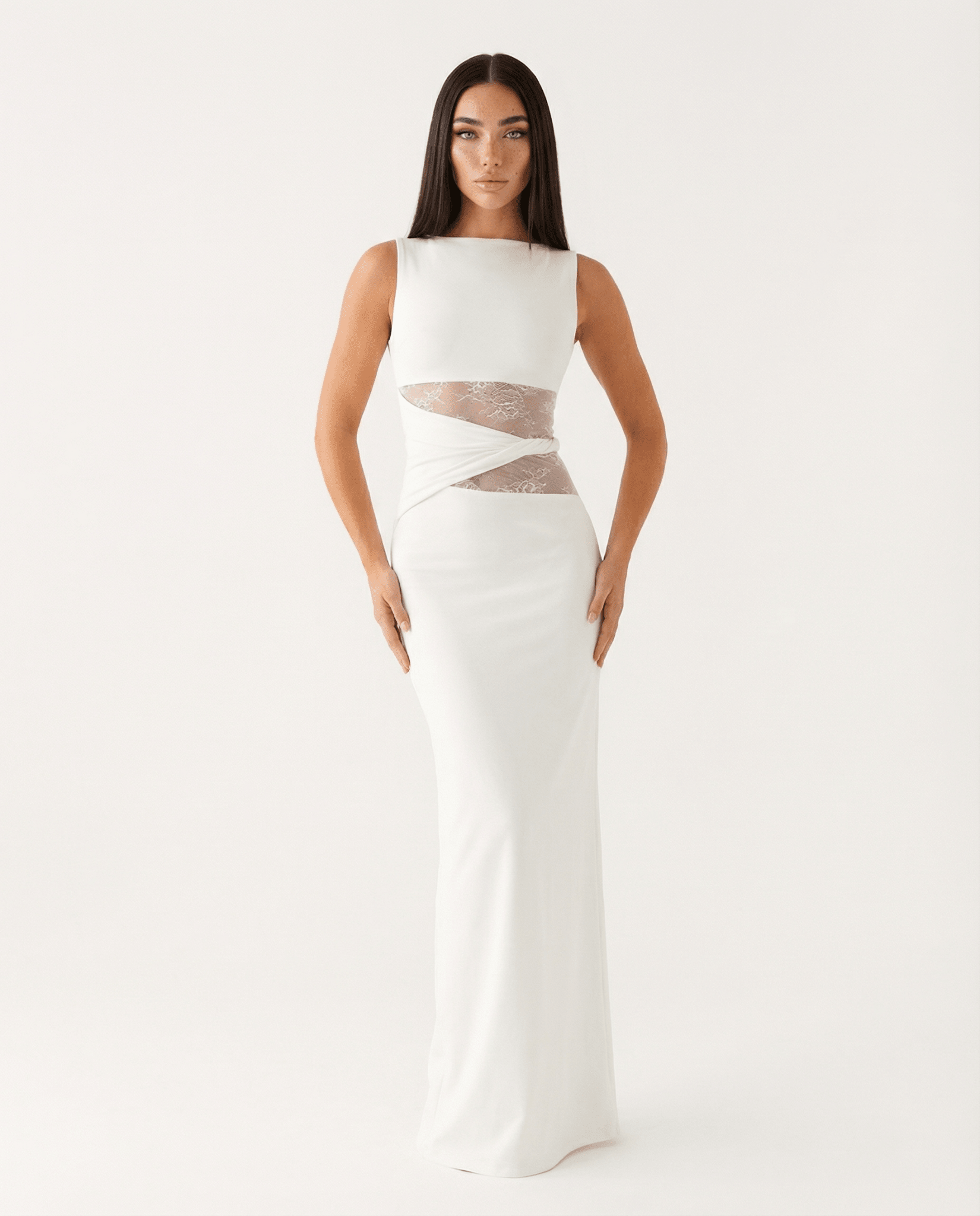 Women Maxi Dress Lace Sheer Cutout Bodycon Panel - Evergreen Outfits - Women Maxi Dress
