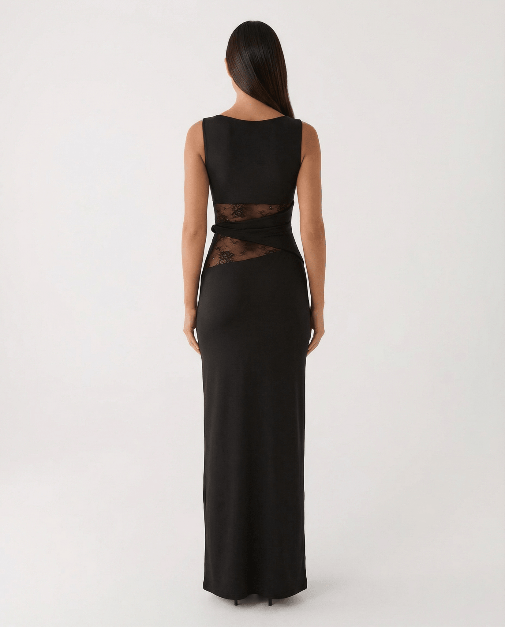 Women Maxi Dress Lace Sheer Cutout Bodycon Panel - Evergreen Outfits - Women Maxi Dress