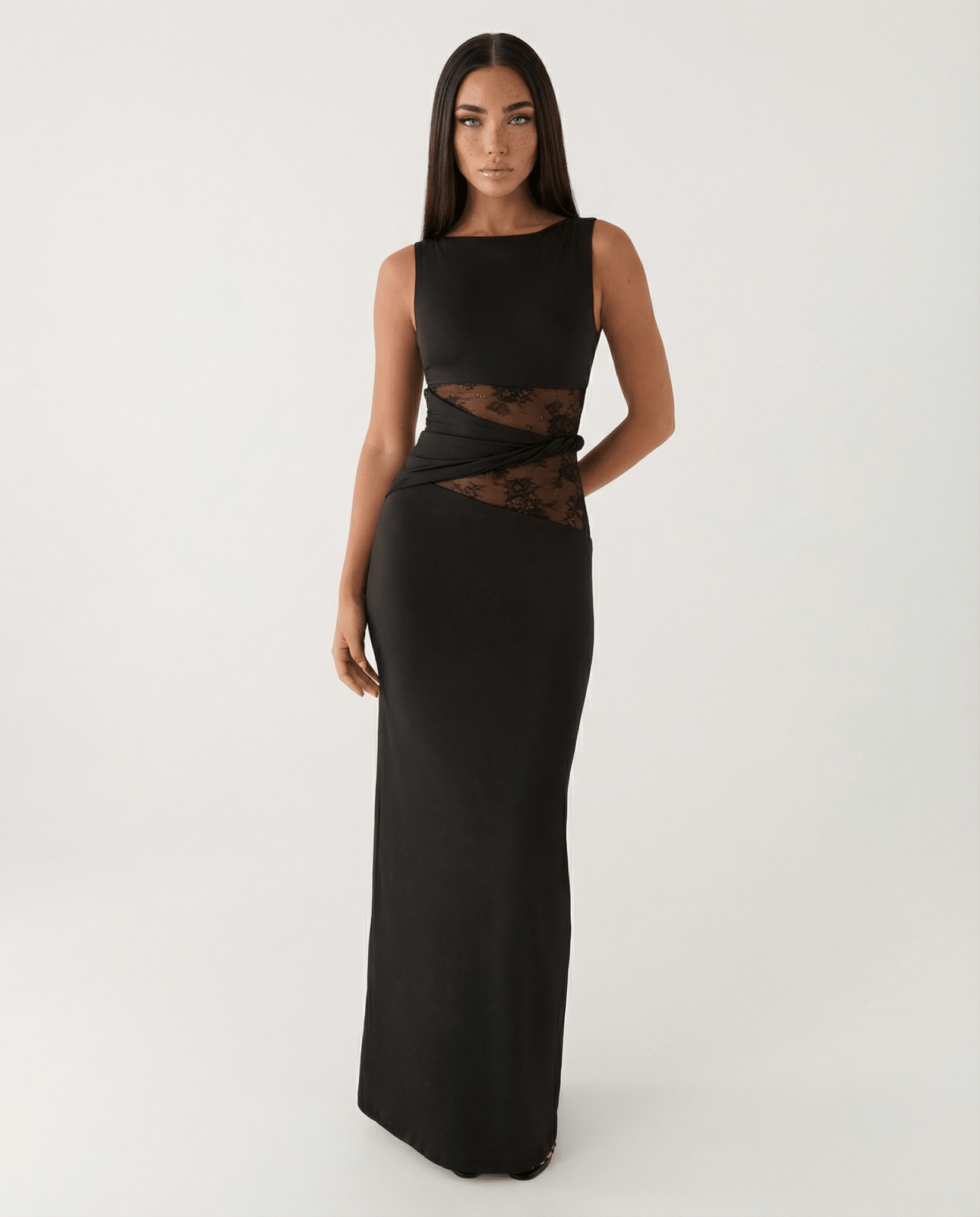 Women Maxi Dress Lace Sheer Cutout Bodycon Panel - Evergreen Outfits - Women Maxi Dress