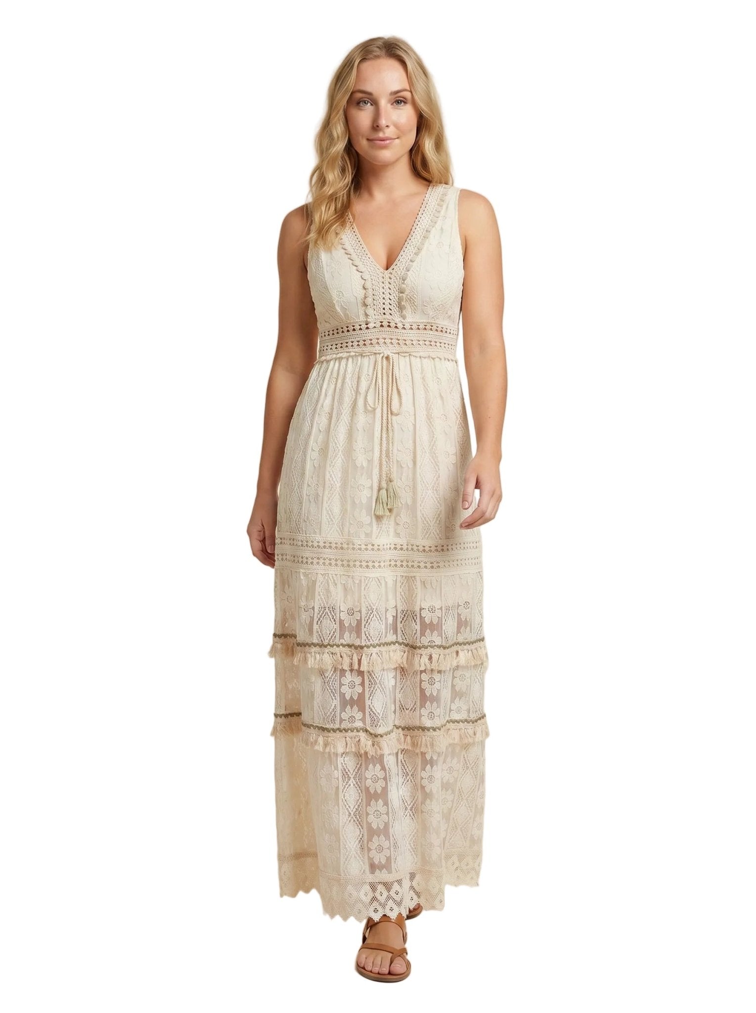 Women Maxi Dress Lace Sleeveless V Neck Embroidered Fit - Evergreen Outfits - Women Mini Dress