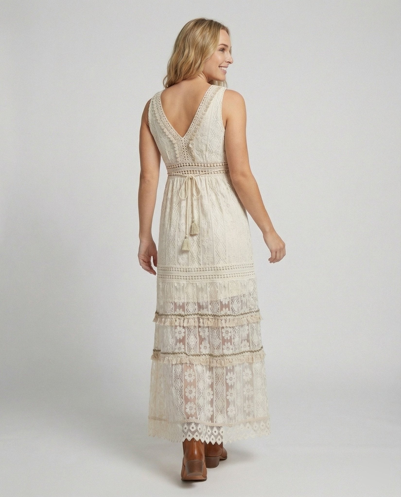 Women Maxi Dress Lace Sleeveless V Neck Embroidered Fit - Evergreen Outfits - Women Mini Dress