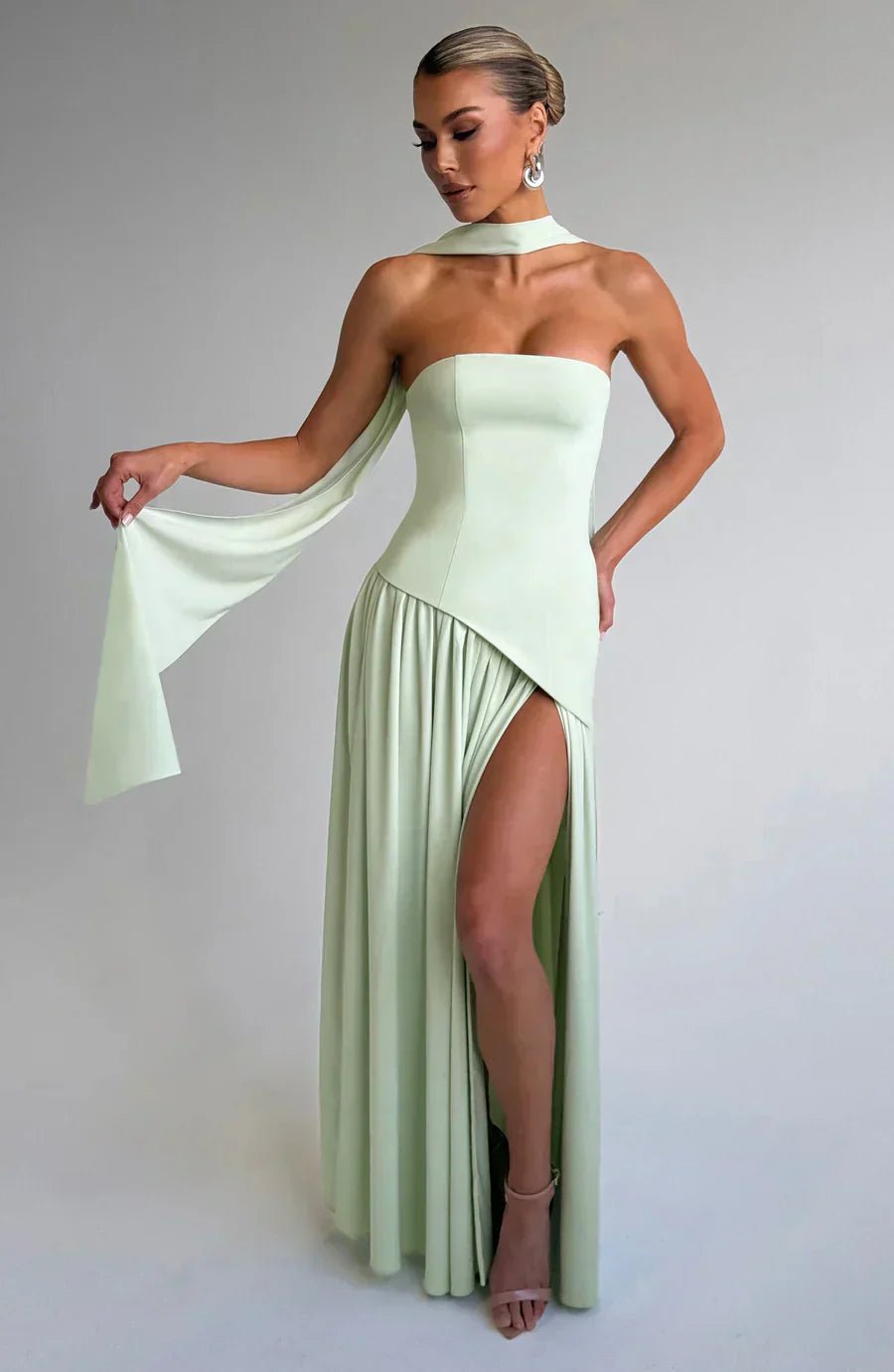 Women Maxi Dress Strapless Fitted Shape Slit Detail - Evergreen Outfits - Women Maxi Dress