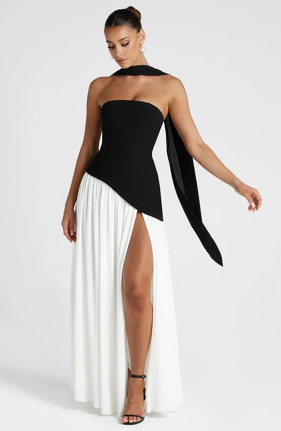 Women Maxi Dress Strapless Fitted Shape Slit Detail - Evergreen Outfits - Women Maxi Dress