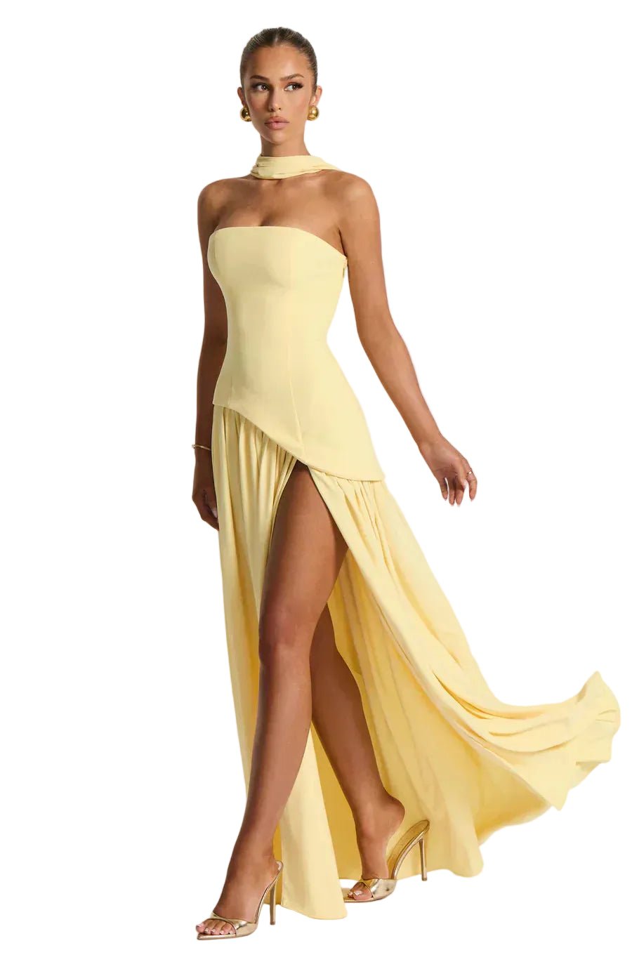 Women Maxi Dress Strapless Fitted Shape Slit Detail - Evergreen Outfits - Women Maxi Dress