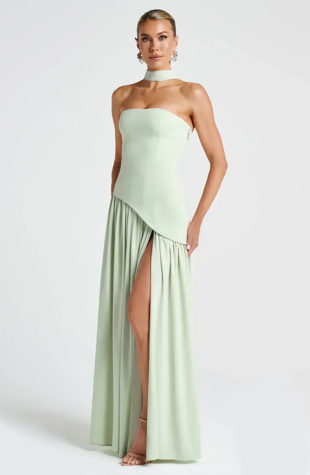 Women Maxi Dress Strapless Fitted Shape Slit Detail - Evergreen Outfits - Women Maxi Dress