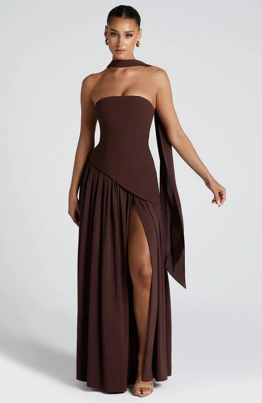 Women Maxi Dress Strapless Fitted Shape Slit Detail - Evergreen Outfits - Women Maxi Dress