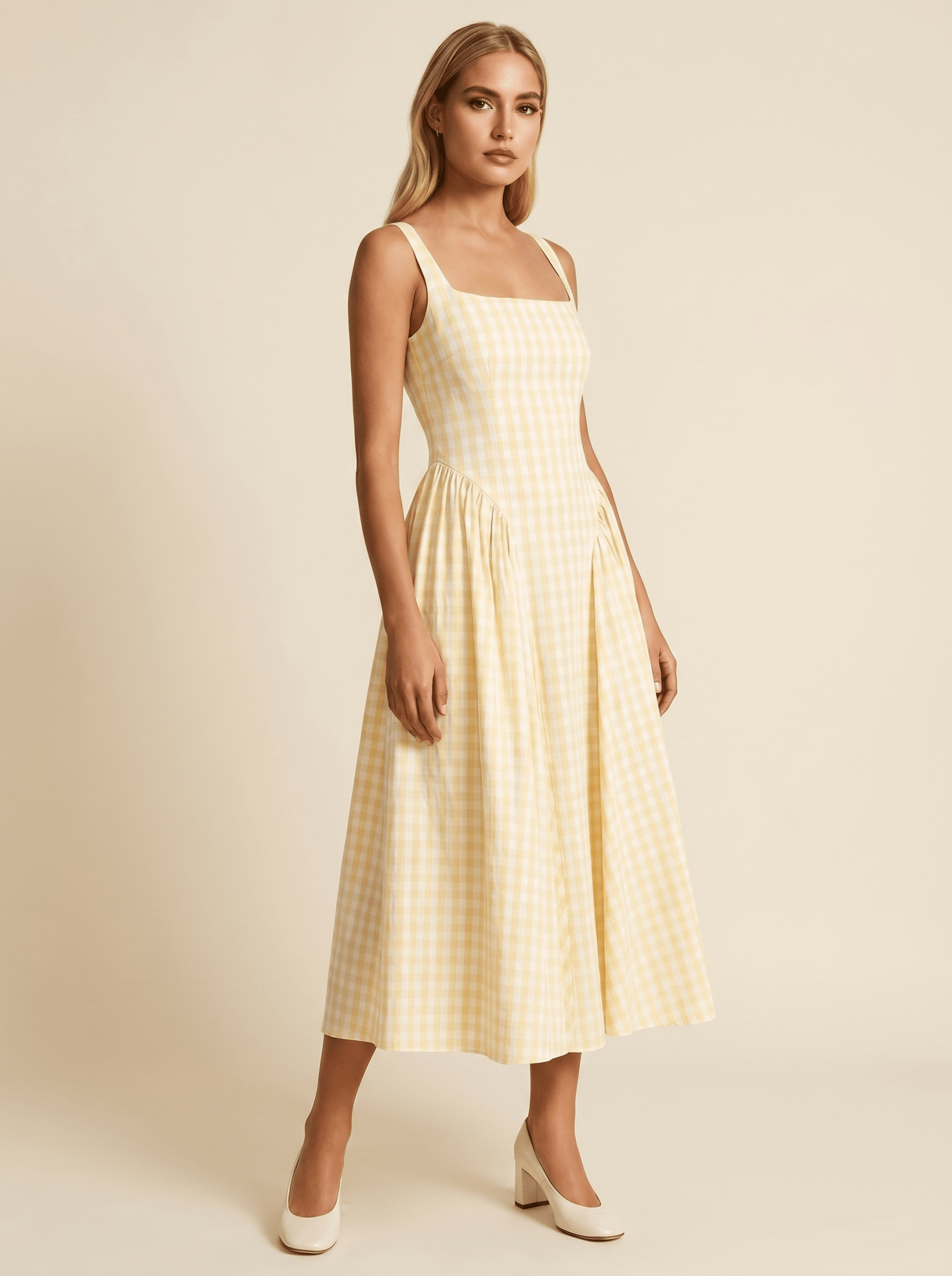 Women Midi Dress Checked Fitted Top Flared Skirt Design - Evergreen Outfits- Women Midi Dress