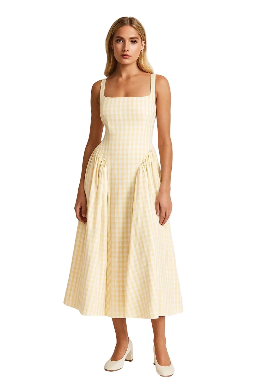 Women Midi Dress Checked Fitted Top Flared Skirt Design - Evergreen Outfits- Women Midi Dress