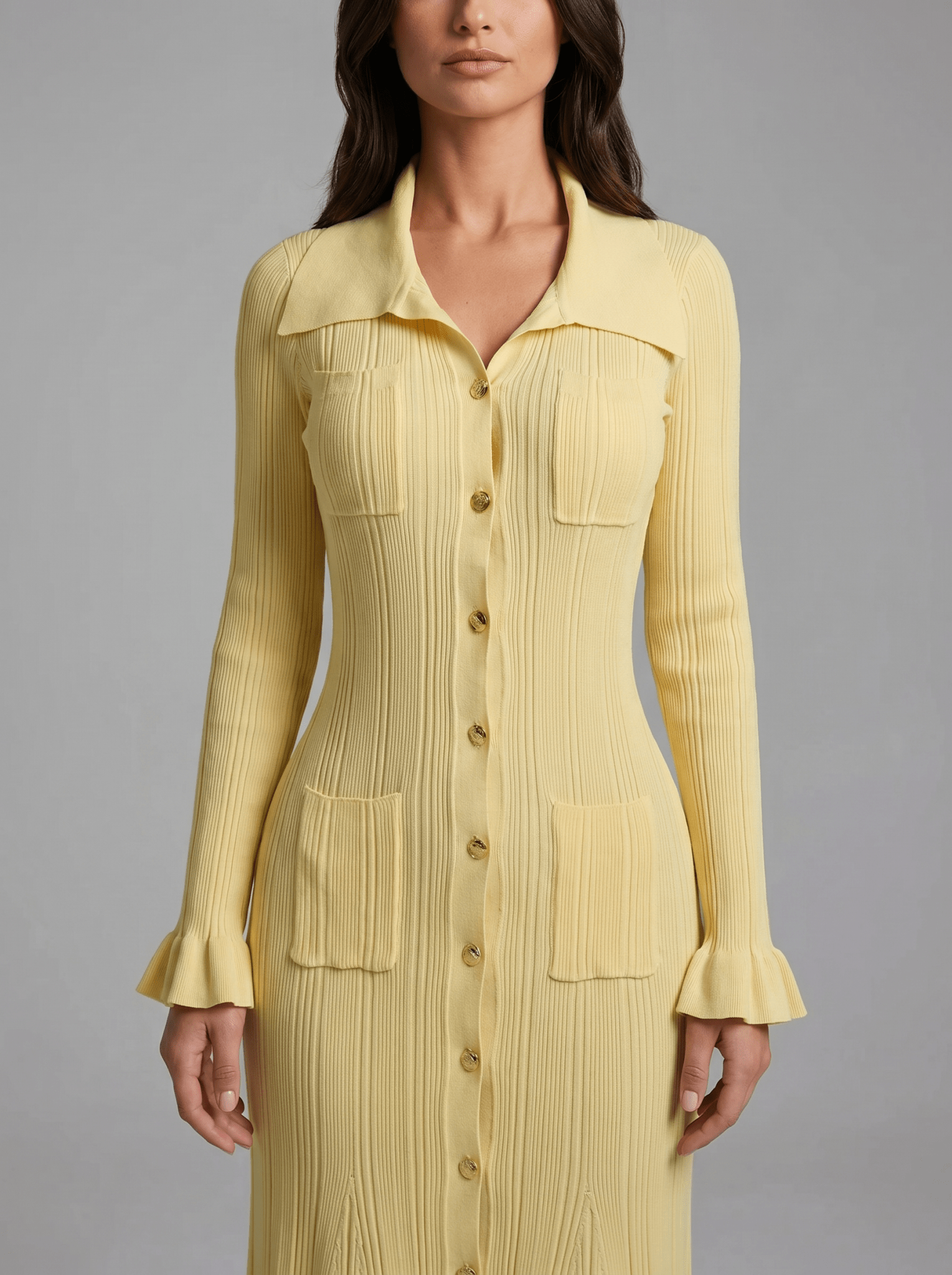 Women Midi Dress Collared Neck Button Closure Ruffle Detail - Evergreen Outfits - Women Midi Dress
