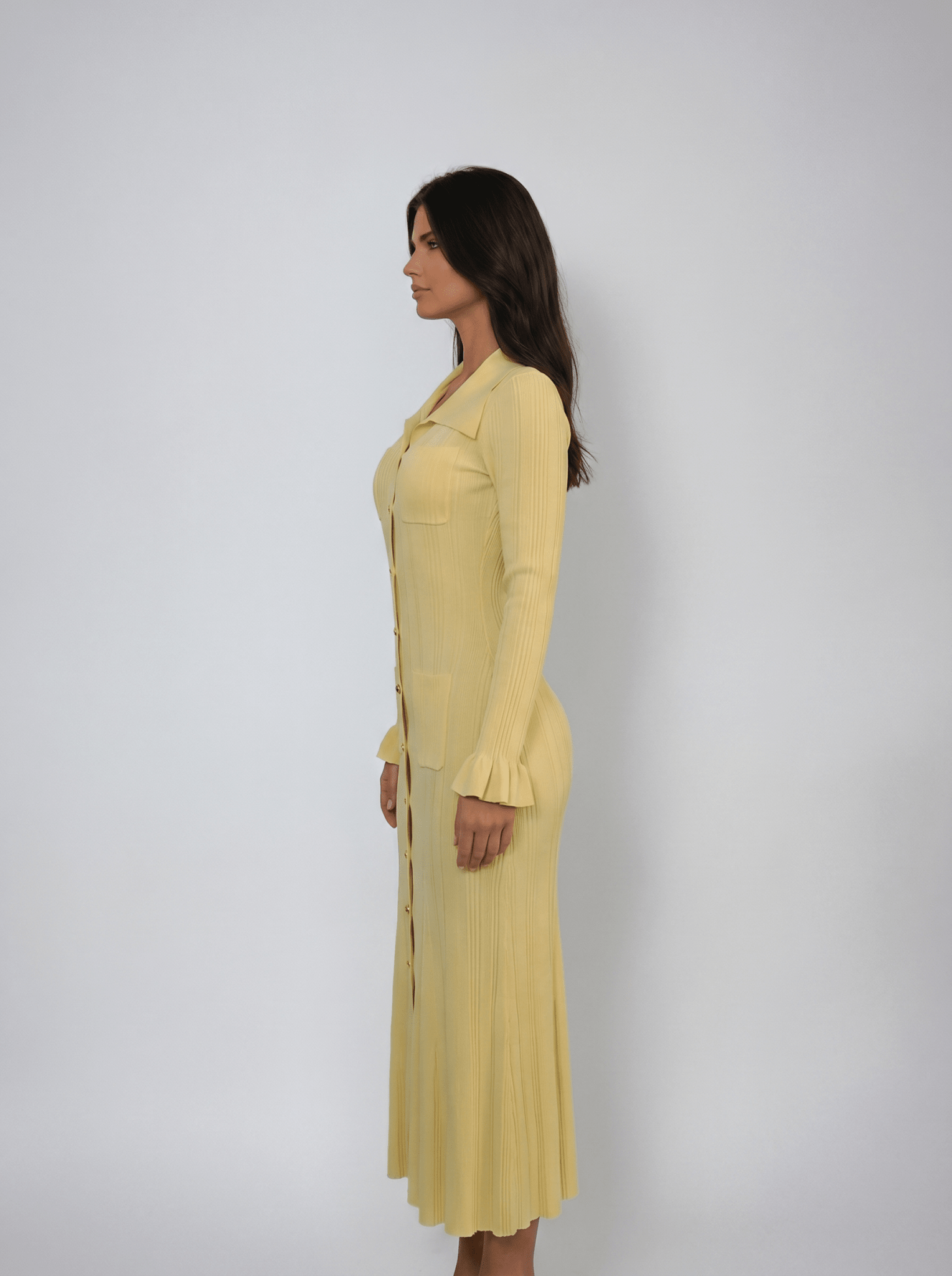 Women Midi Dress Collared Neck Button Closure Ruffle Detail - Evergreen Outfits - Women Midi Dress