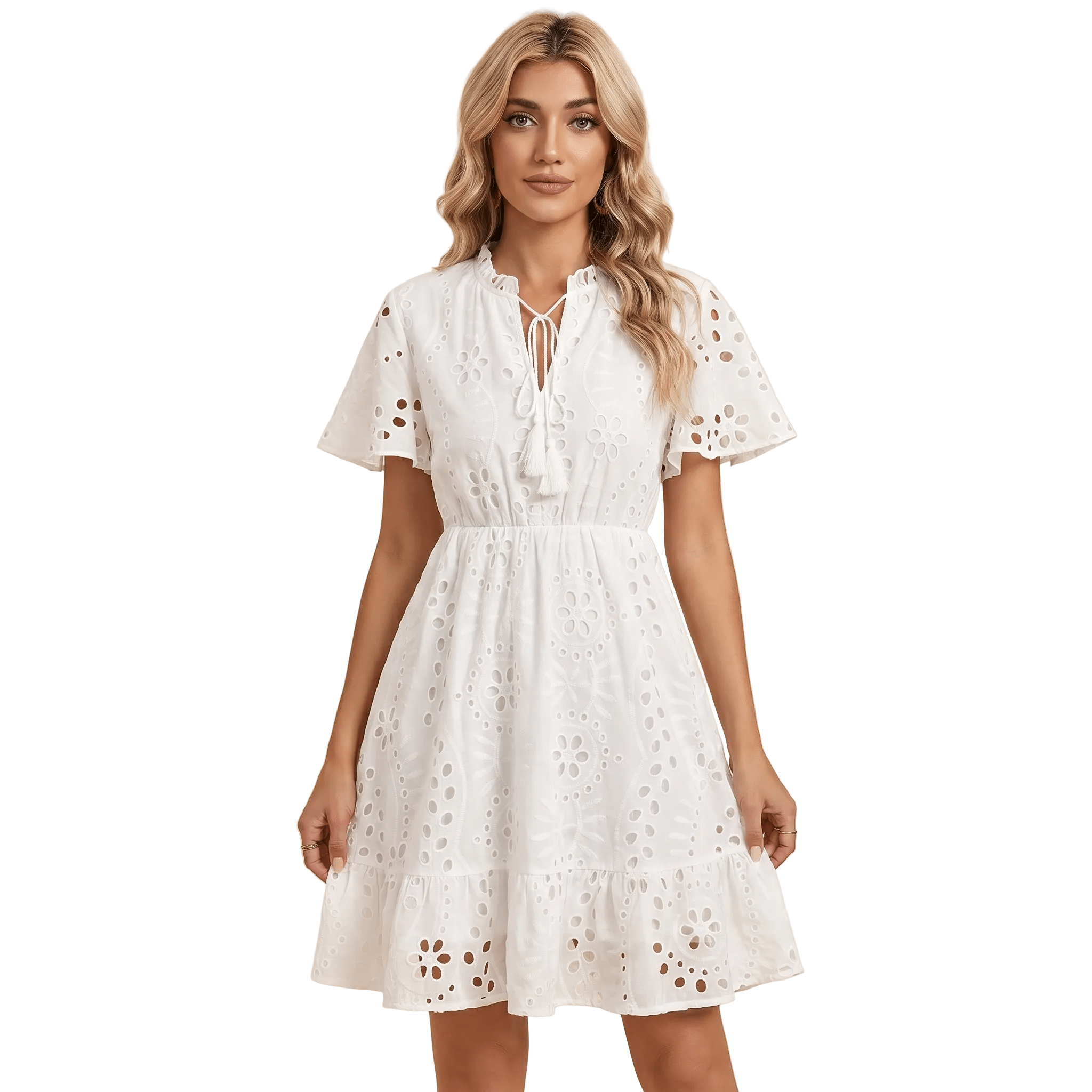 Women Midi Dress Embroidered V-Neck Tie Short Sleeve Style - Evergreen Outfits- Women Midi Dress