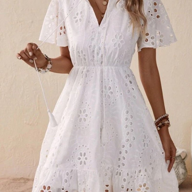 Women Midi Dress Embroidered V-Neck Tie Short Sleeve Style - Evergreen Outfits- Women Midi Dress