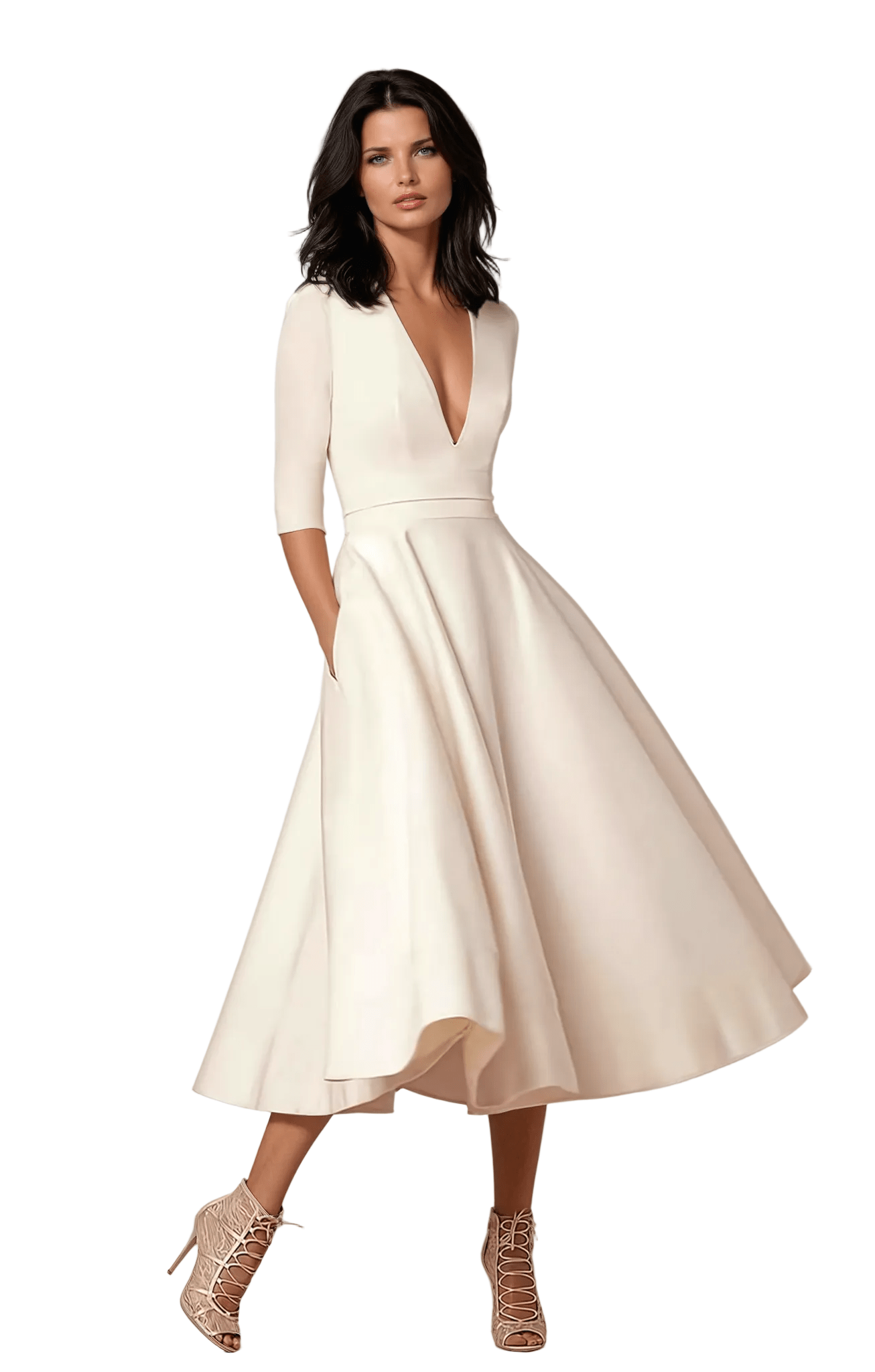fitted bodice midi dress Women Flared Silhouette 75 cm) * Hips Size:XXXLarge Color_Black Lace Crochet White Long Sleeve Mini