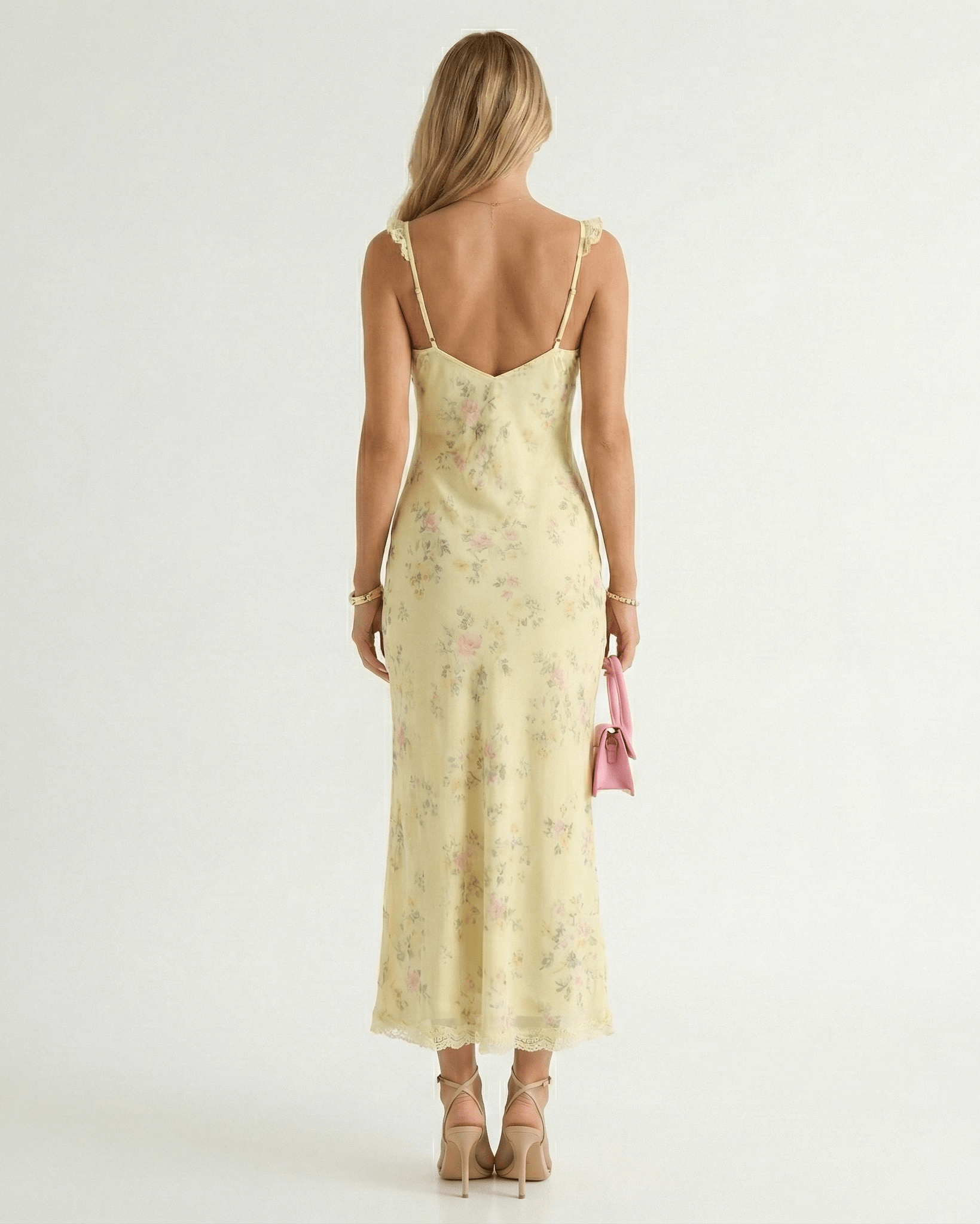 Women Midi Dress Floral Print V Neck Backless Straps - Evergreen Outfits - Women Midi Dress