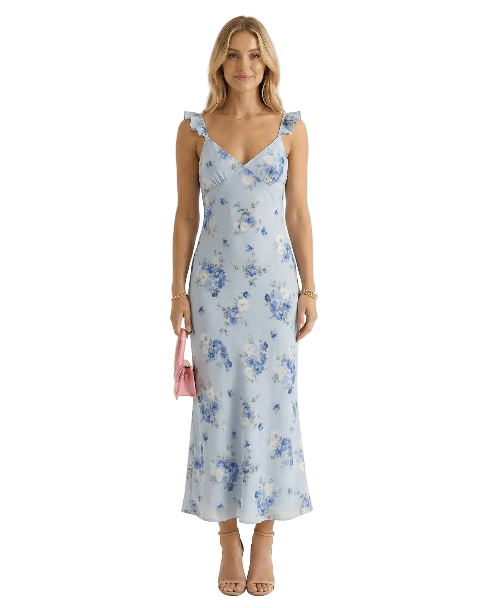 Women Midi Dress Floral Print V Neck Backless Straps - Evergreen Outfits - Women Midi Dress