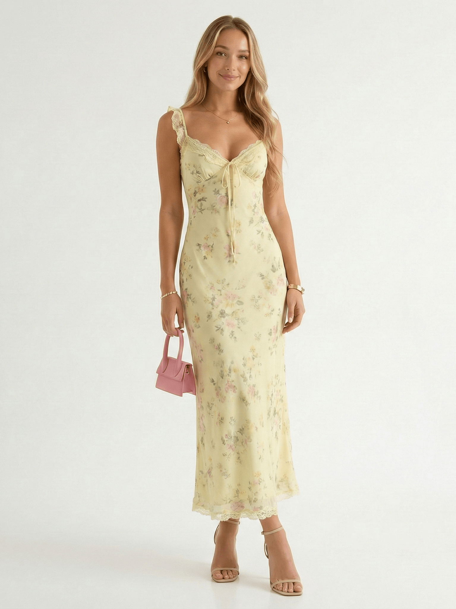 Women Midi Dress Floral Print V Neck Backless Straps - Evergreen Outfits - Women Midi Dress