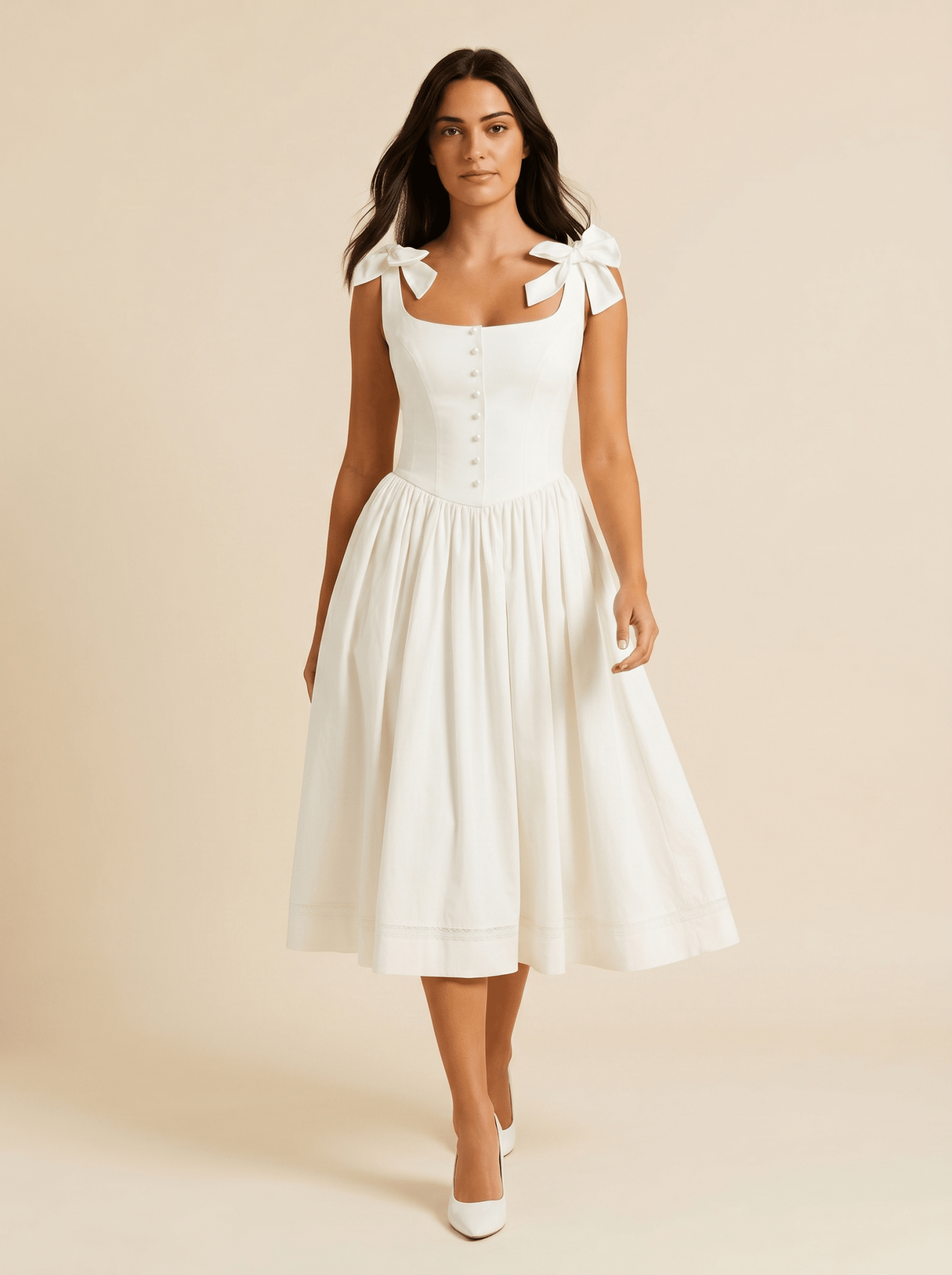 Women Midi Dress Tie Straps Bow Flared Skirt With Pockets - Evergreen Outfits- Women Midi Dress