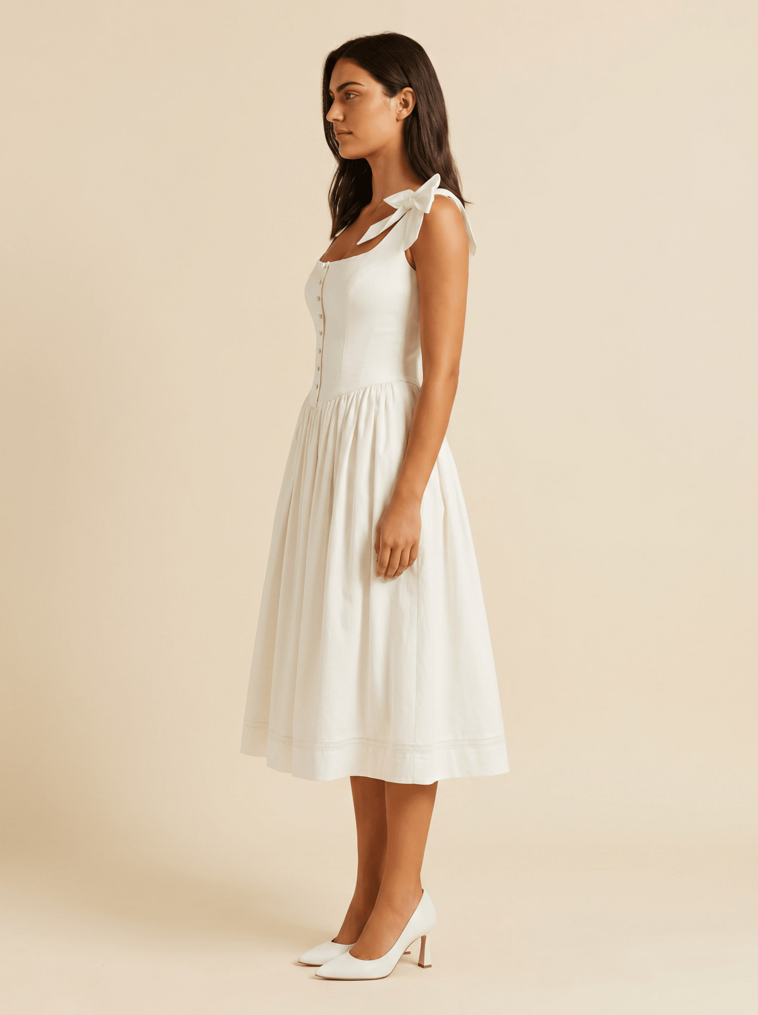 Women Midi Dress Tie Straps Bow Flared Skirt With Pockets - Evergreen Outfits- Women Midi Dress