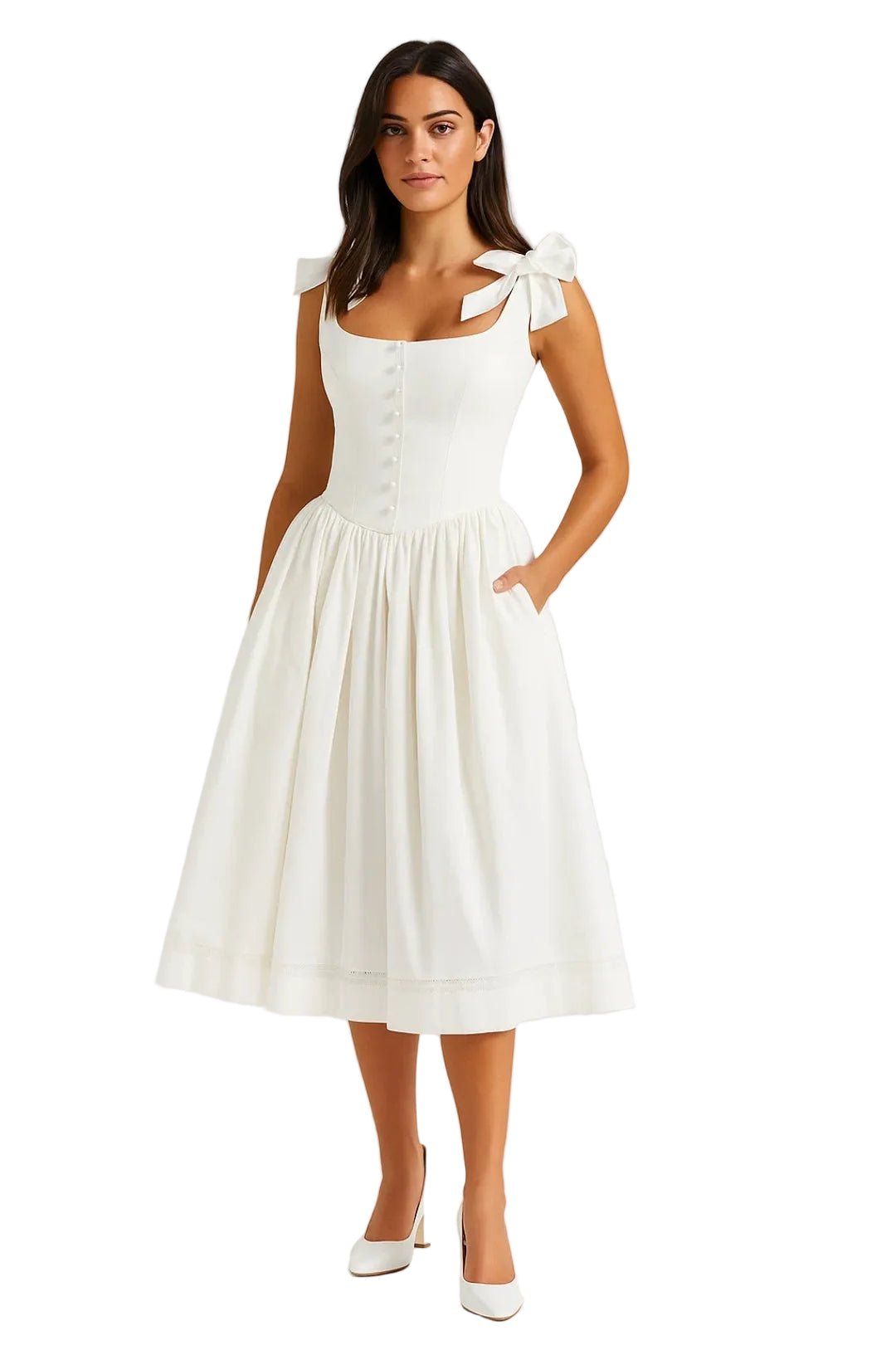 Women Midi Dress Tie Straps Bow Flared Skirt With Pockets - Evergreen Outfits- Women Midi Dress