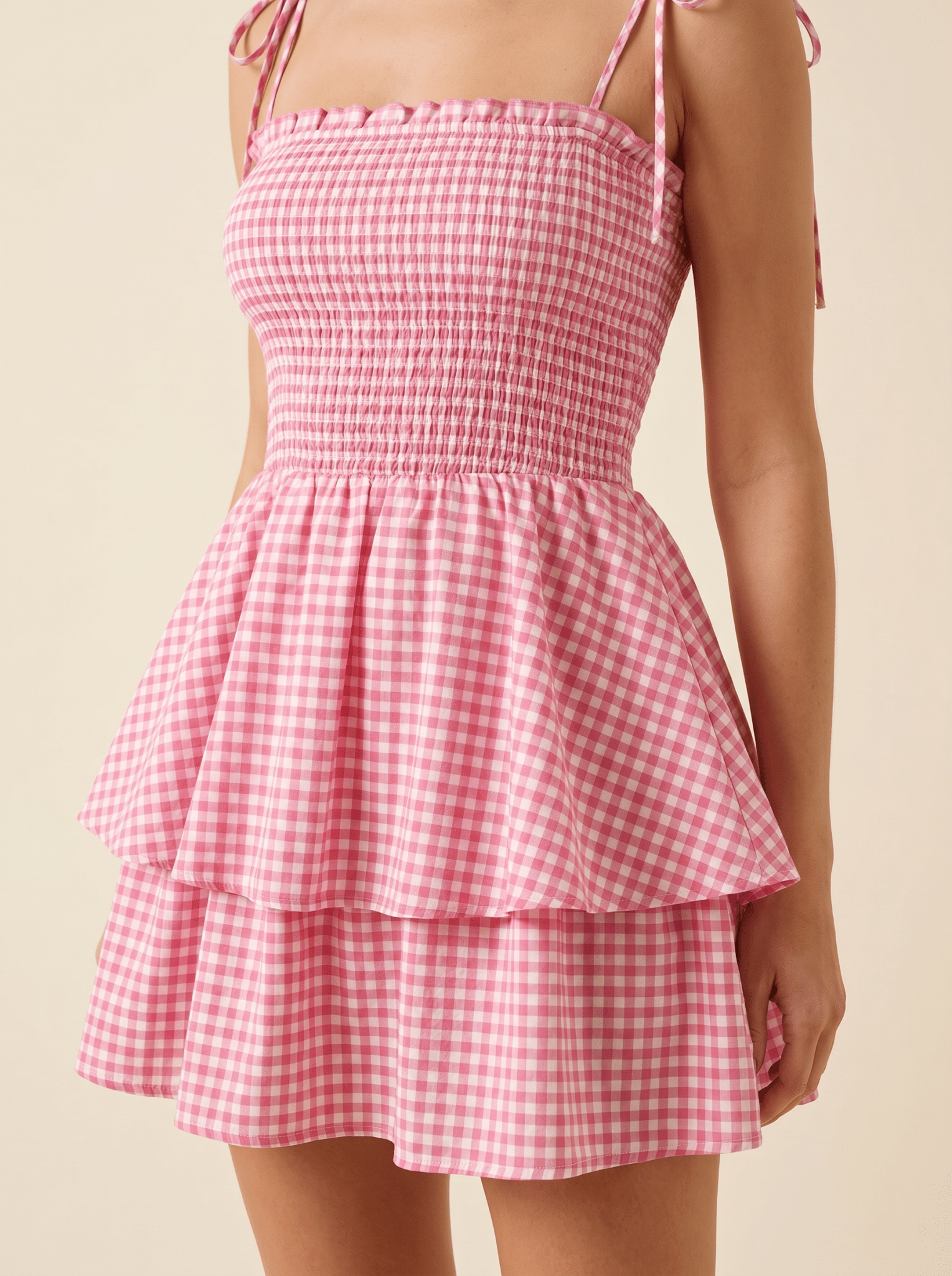 Women Mini Dress Checked Smocked Spaghetti Strap Style - Evergreen Outfits- Women Mini Dress