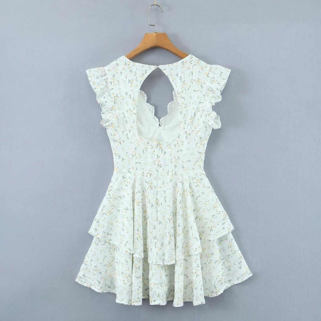 Women Mini Dress Eyelet Floral Embroidered V Neck Design - Evergreen Outfits - Women Mini Dress