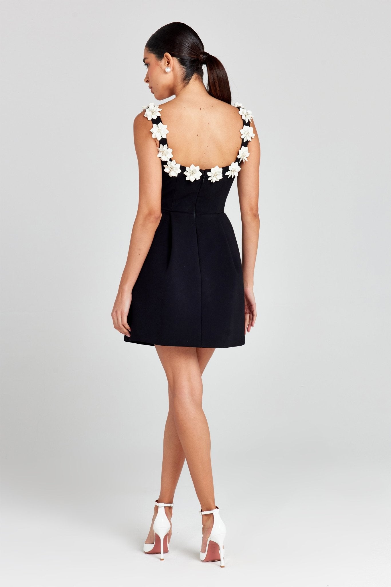 Women Mini Dress Fitted Sleeveless Floral Applique Design - Evergreen Outfits - Women Mini Dress