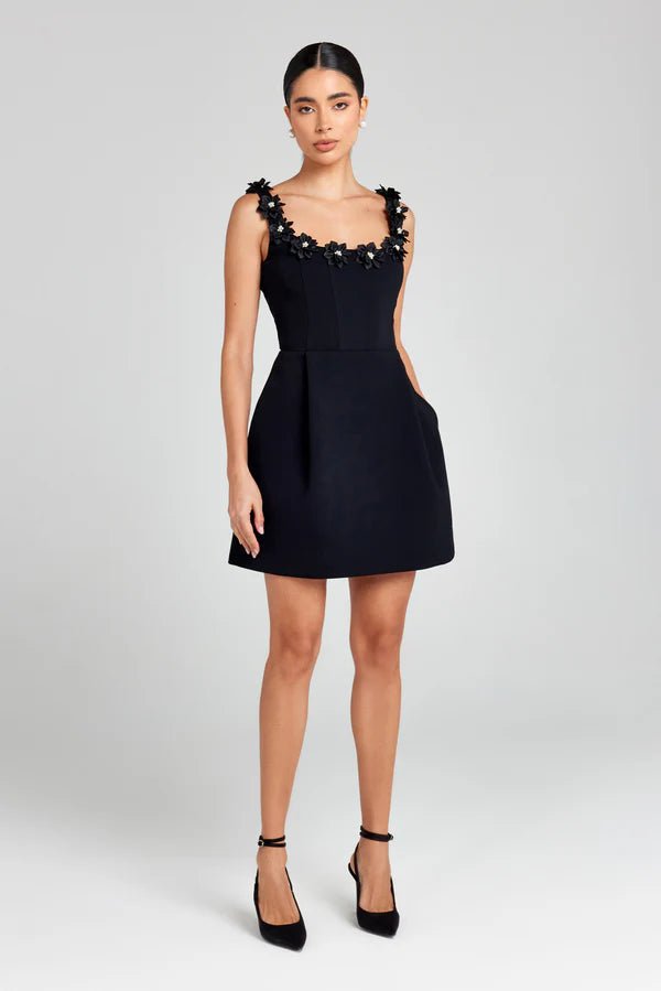 Women Mini Dress Fitted Sleeveless Floral Applique Design - Evergreen Outfits - Women Mini Dress