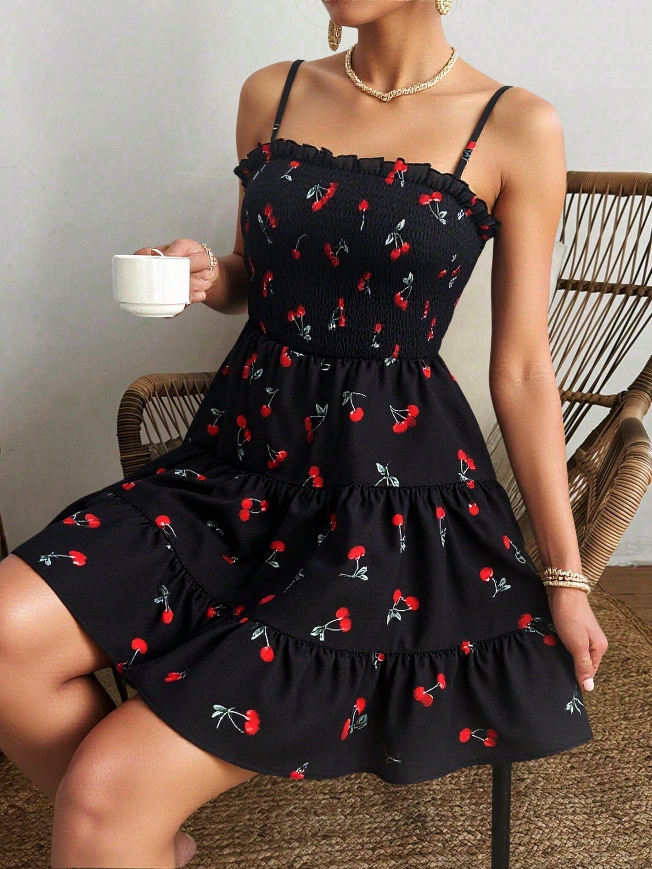 Women Mini Dress Floral Print Ruffle Spaghetti Strap - Evergreen Outfits - Women Mini Dress
