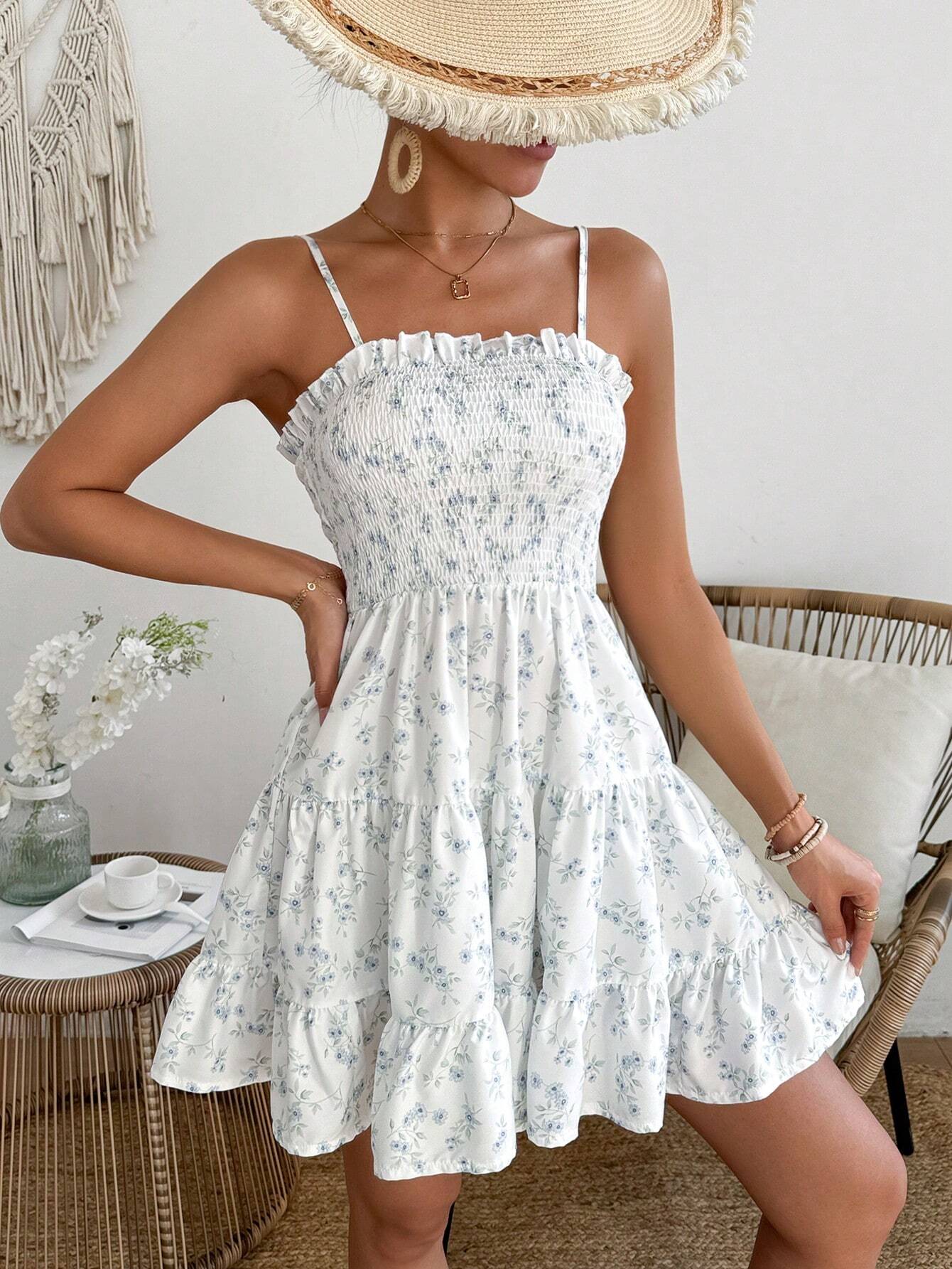 Women Mini Dress Floral Print Ruffle Spaghetti Strap - Evergreen Outfits - Women Mini Dress