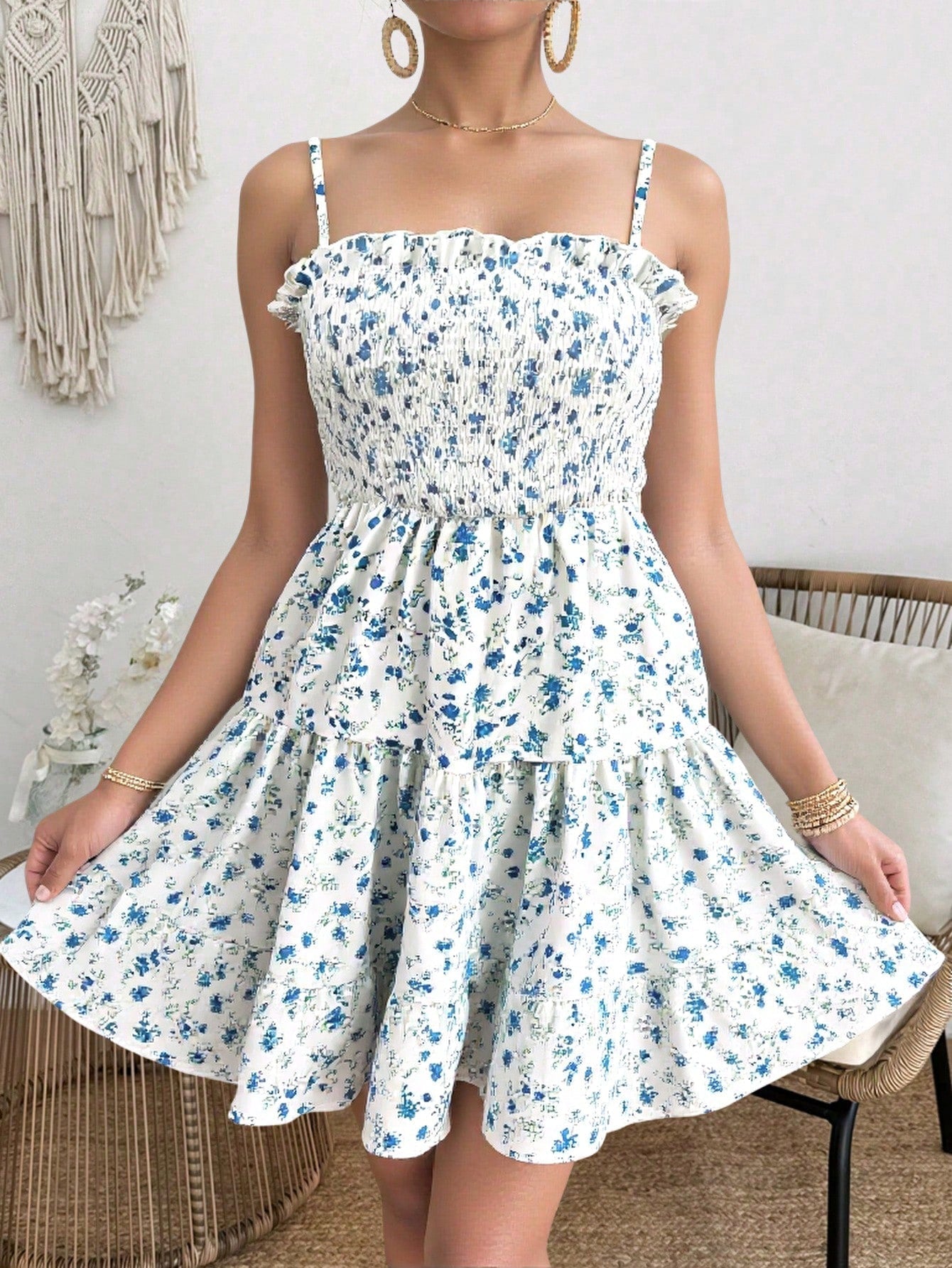 Women Mini Dress Floral Print Ruffle Spaghetti Strap - Evergreen Outfits - Women Mini Dress