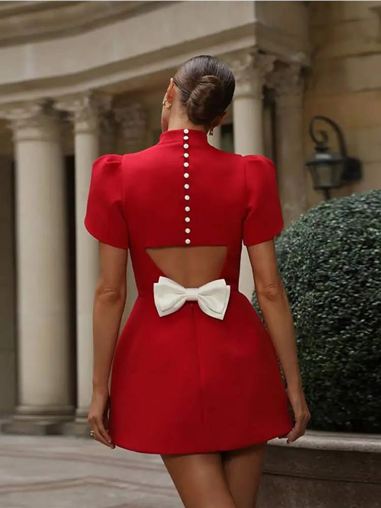Women Mini Dress Hollow Cutout Tie Slim Fit Bow Detail - Evergreen Outfits- Women Mini Dress