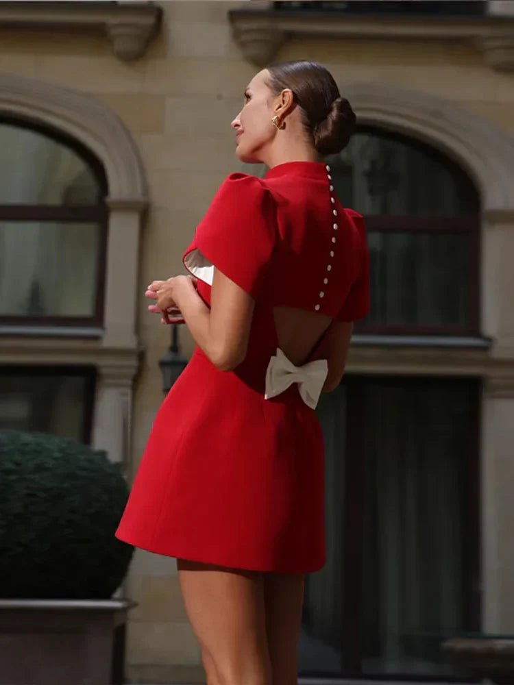 Women Mini Dress Hollow Cutout Tie Slim Fit Bow Detail - Evergreen Outfits- Women Mini Dress