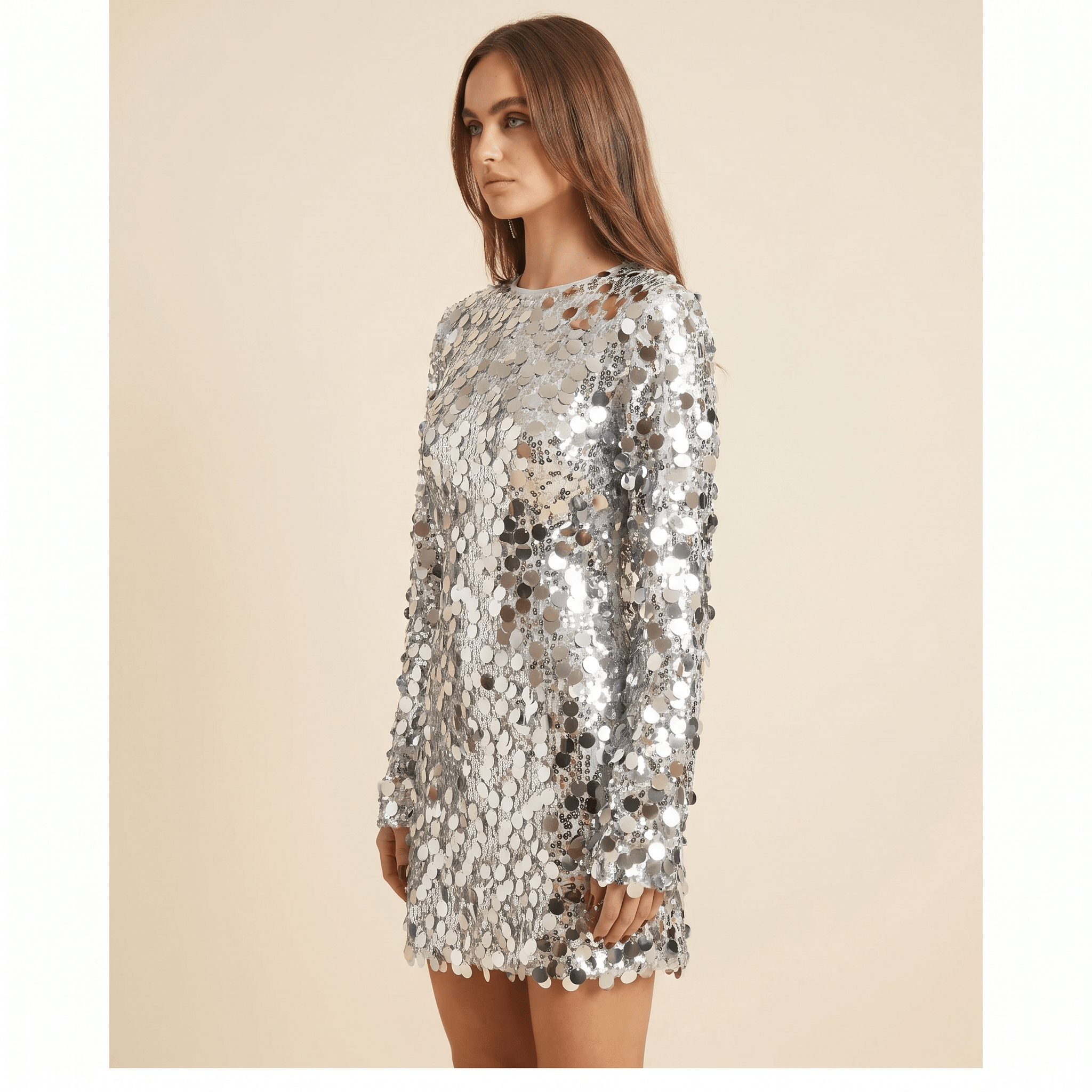 Women Mini Dress Round Neck Long Sleeve Sequined Detail - Evergreen Outfits - Women Mini Dress